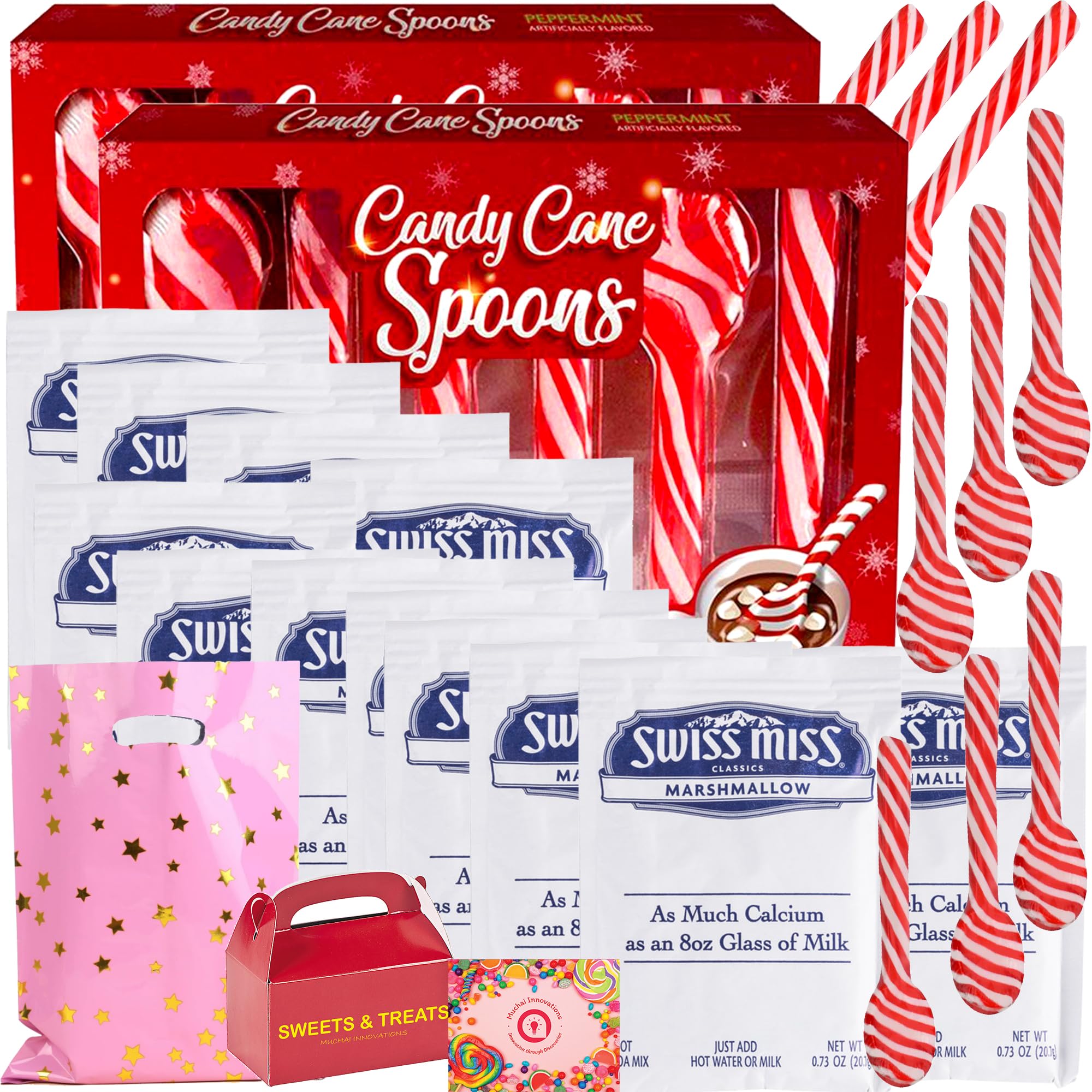 Muchai InnovationsHot Cocoa Chocolate With Marshmallow & Peppermint Candy Cane Spoons Gift Set | Treat Bag Box Included (12 Hot Cocoa Packets Plus 12 Peppermint Spoons)