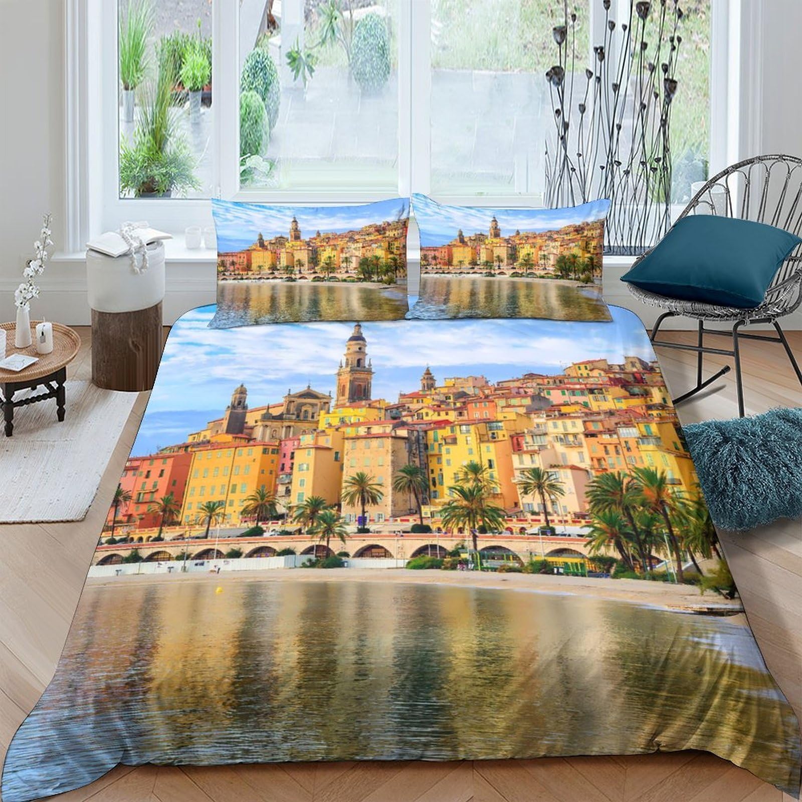 Ctjqhvkz Style-2 3D Printed Mediterranean Town Fitted Sheet Microfiber Soft Breathable Sunset Coast Mattress Cover For Bedroom Decor Single（135X200cm）