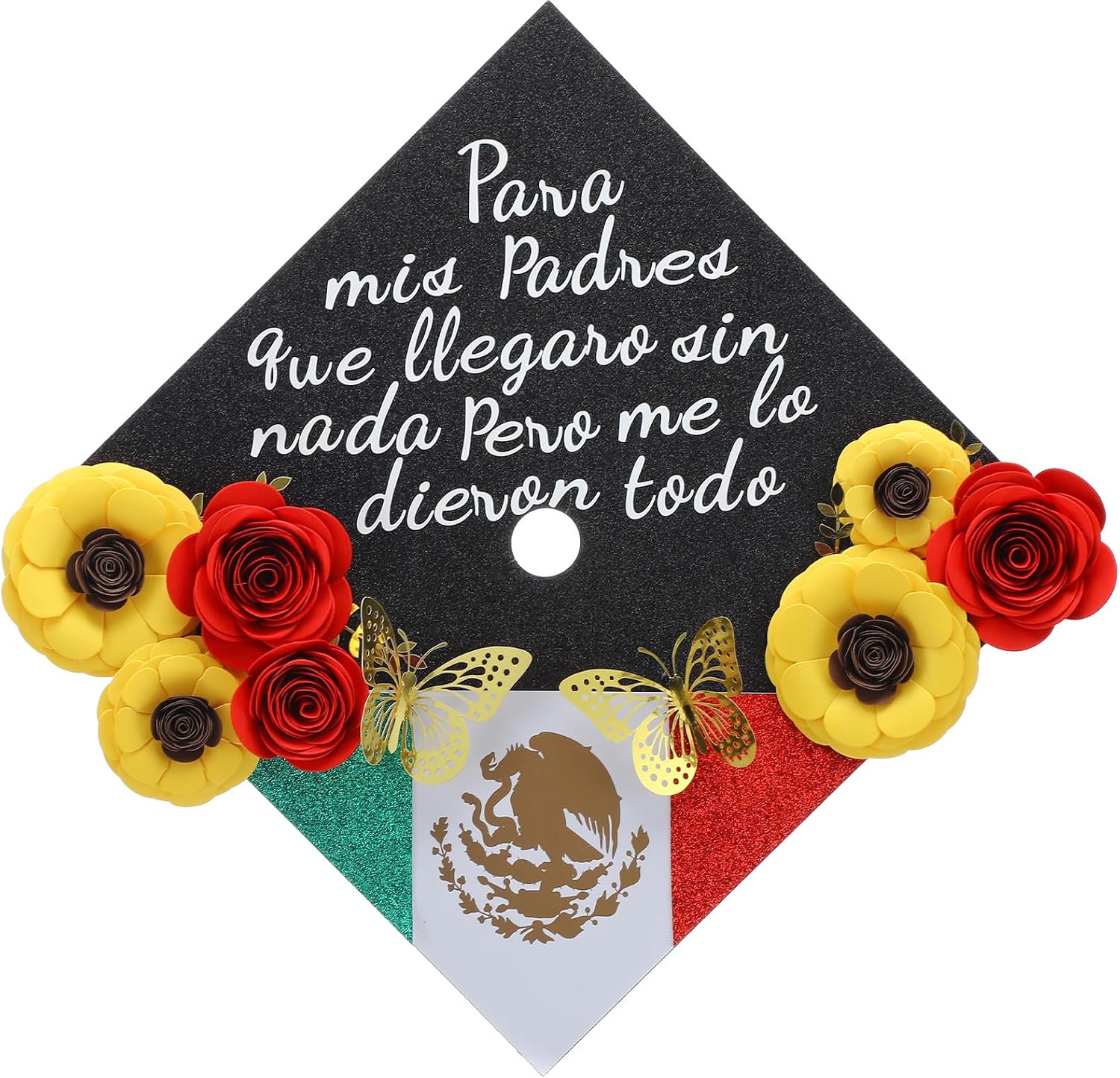 Gersoniel DIY Mexican Graduation Cap Decoration Kit 2026 Flower Grad Cap Flower 3D Butterfly Rhinestones Mexican Emblem Alphabet Letter Sticker Golden Leaves Pearl Glitter Paper Craft for Party Decor