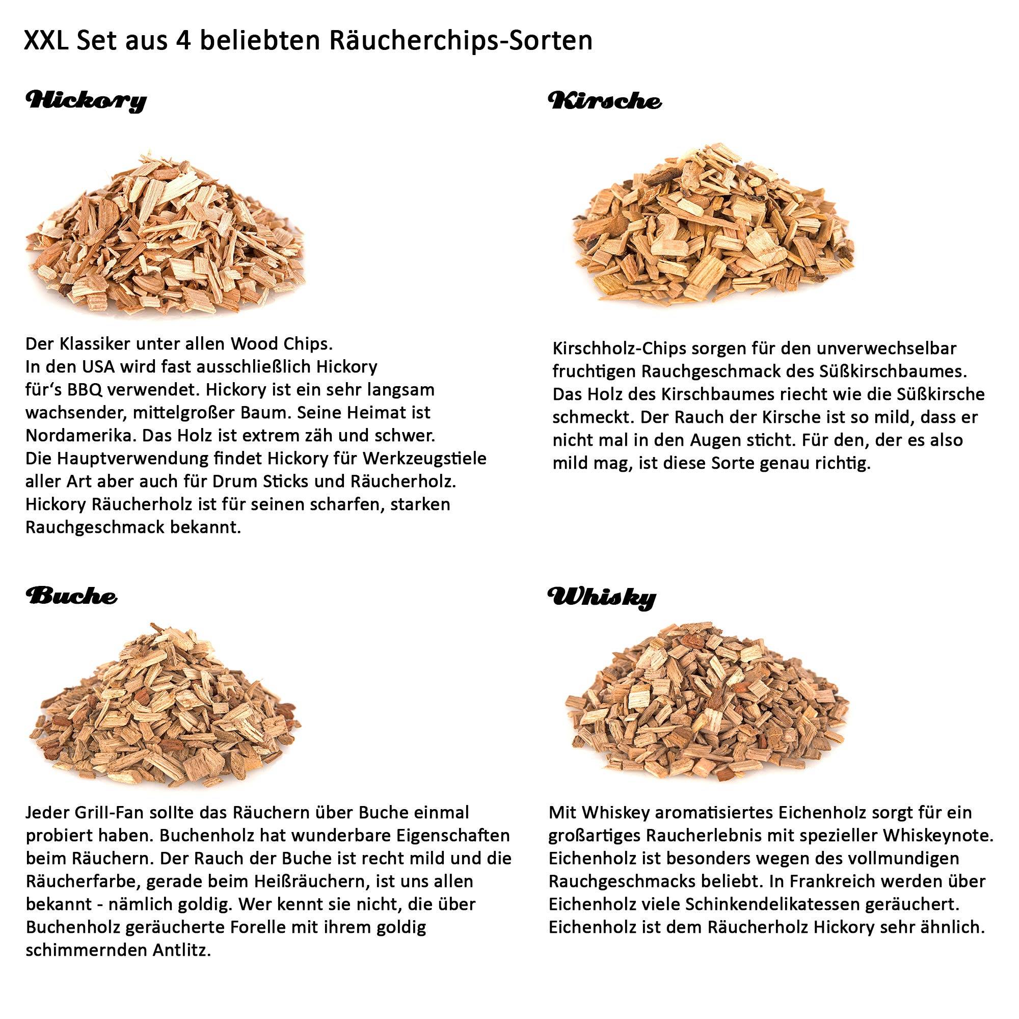 Axtschlag 4+1 Set Räucherchips BBQ Favorites + GRATIS 8X Grillpapier, für Gasgrill, Elektrogrill und Kohlegrill, 4kg Hickory, Kirsche, Buche und Whisky