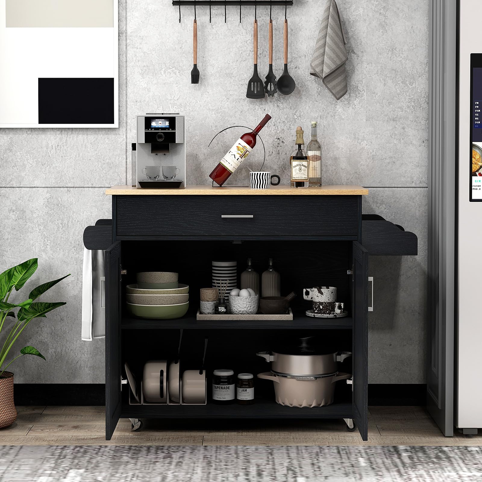 SOARS Carrello da Cucina con Ruote di Gomma, Isola Cucina con Cassetto e Ripiano Regolabile, Mobile Credenza Salvaspazio Porta Microonde, Portaspezie, Portasciugamani, 116 x 40 x 85 cm (Nero)