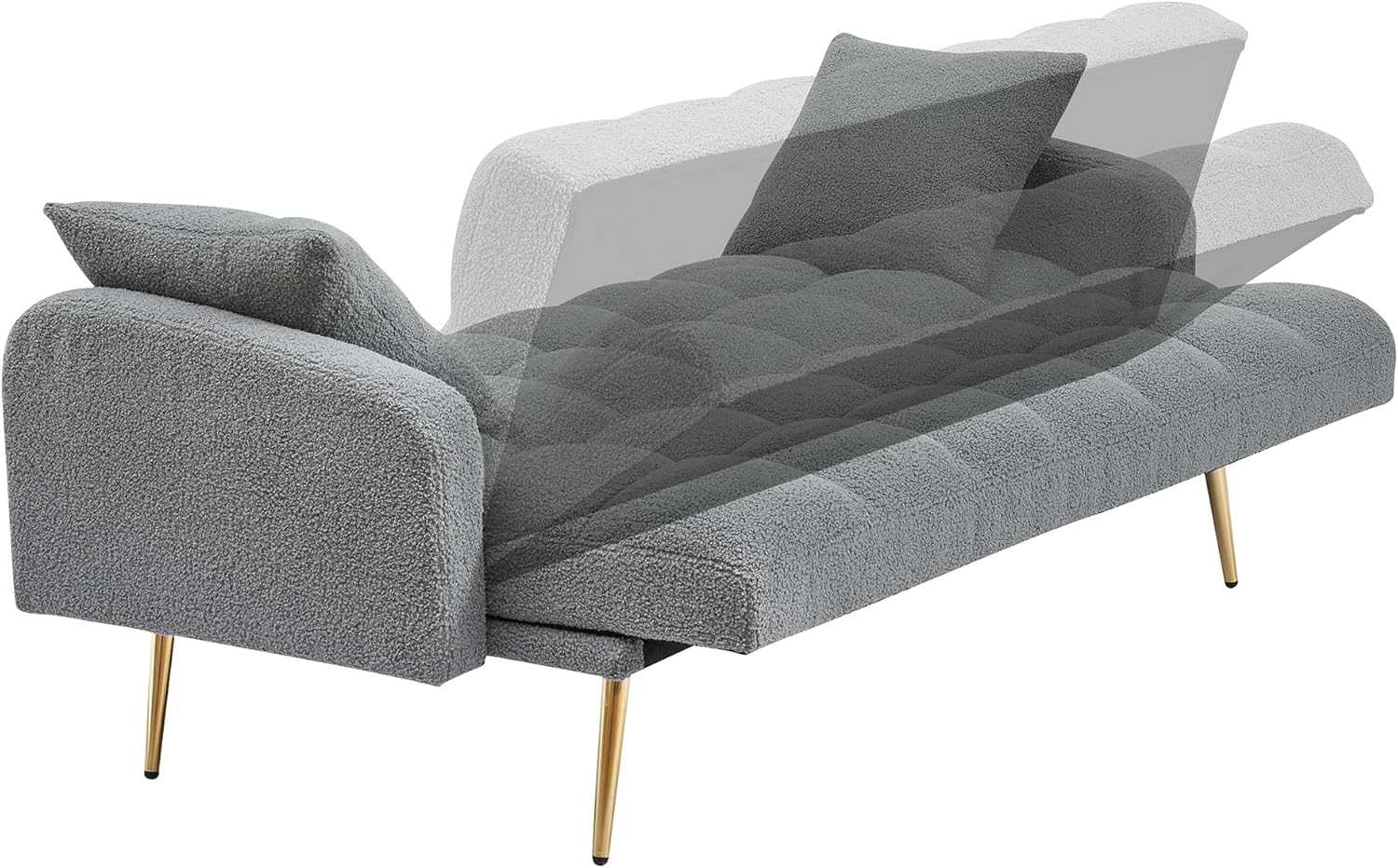 69" W Convertible Folding Futon Sofa Bed with Elegant Golden Legs, Teddy Sleeper Cloud Couch with 2 Pillows, Comfy Loveseat Daybed with Adjustable Armrest for Living Room (Gray)