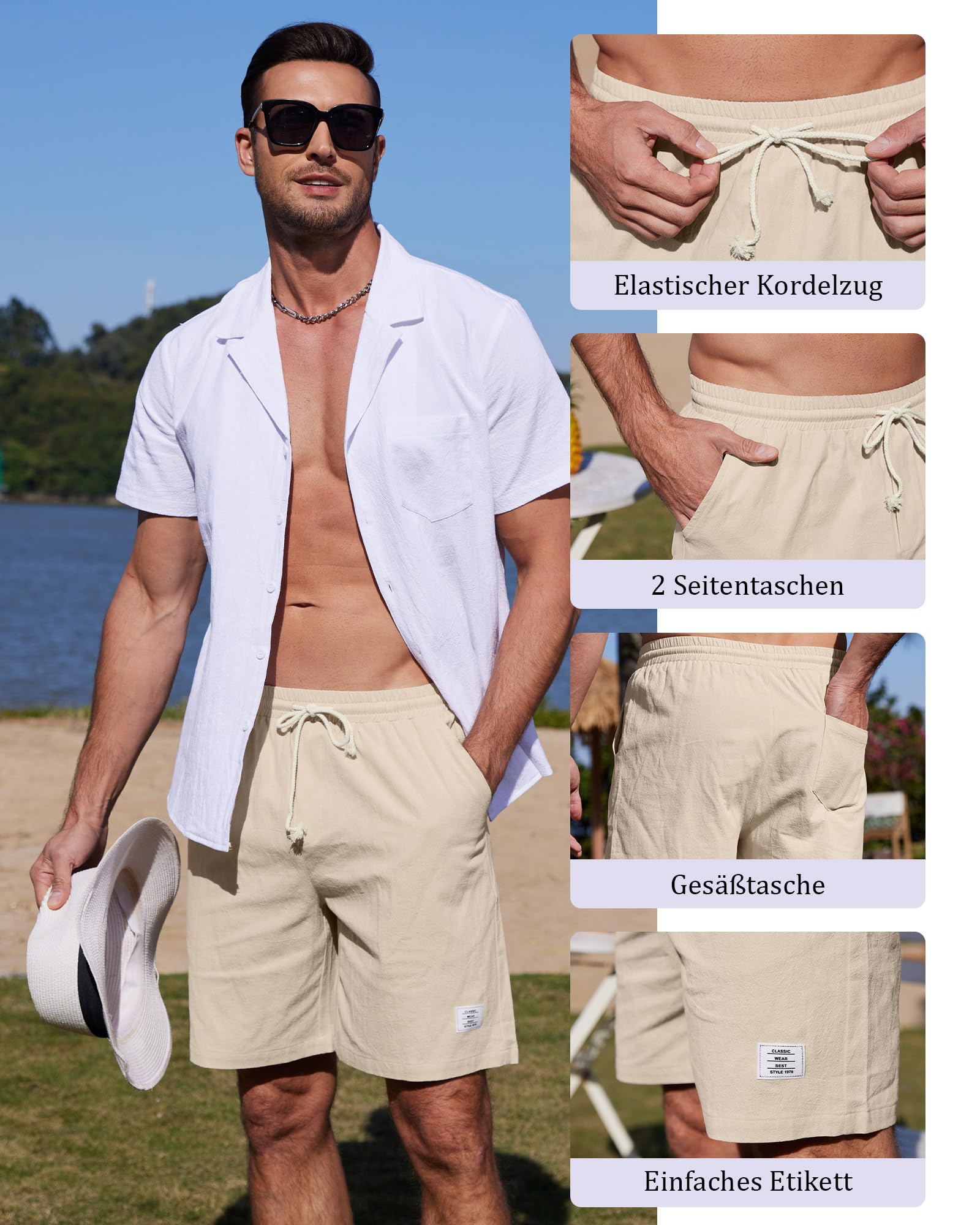 YAOHUOLE Herren Leinenhose Kurz Leinen Shorts Sommer Beach Kurze Hosen Leinen Bermuda Hose