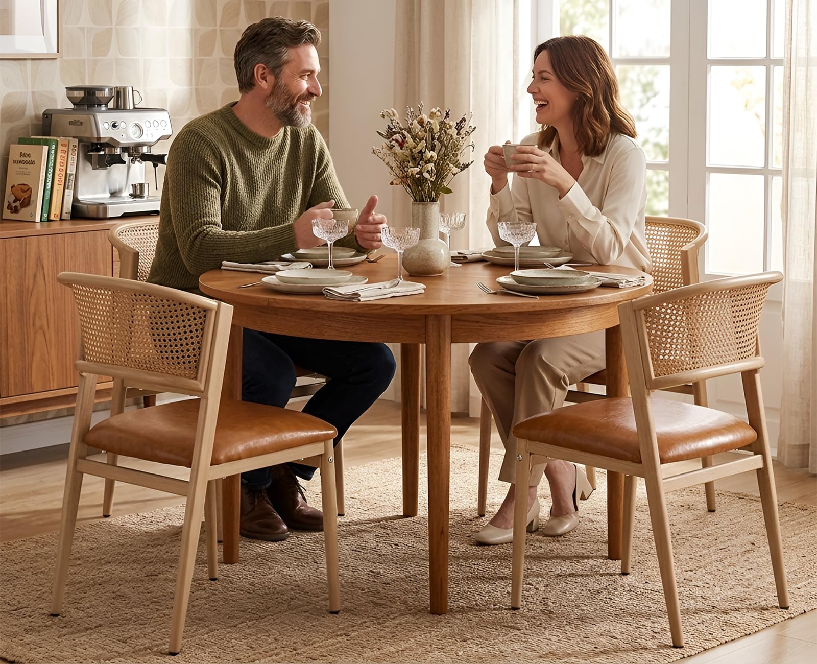 chairus 2PCS Sillas de Comedor de Madera con Respaldo de Ratán, Marrón | Asiento de Cuero PU, Sin Brazo, Estilo Moderno, Para Restaurante