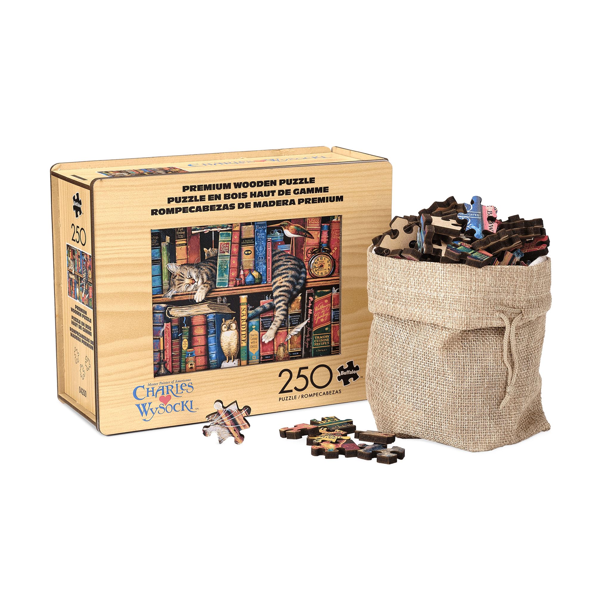 Buffalo Games - 250 Piece Wooden Jigsaw Puzzle Charles Wysocki - Frederick The Literate, Standard Cut Pieces, Wooden Box, Fabric Bag, Full Size Poster