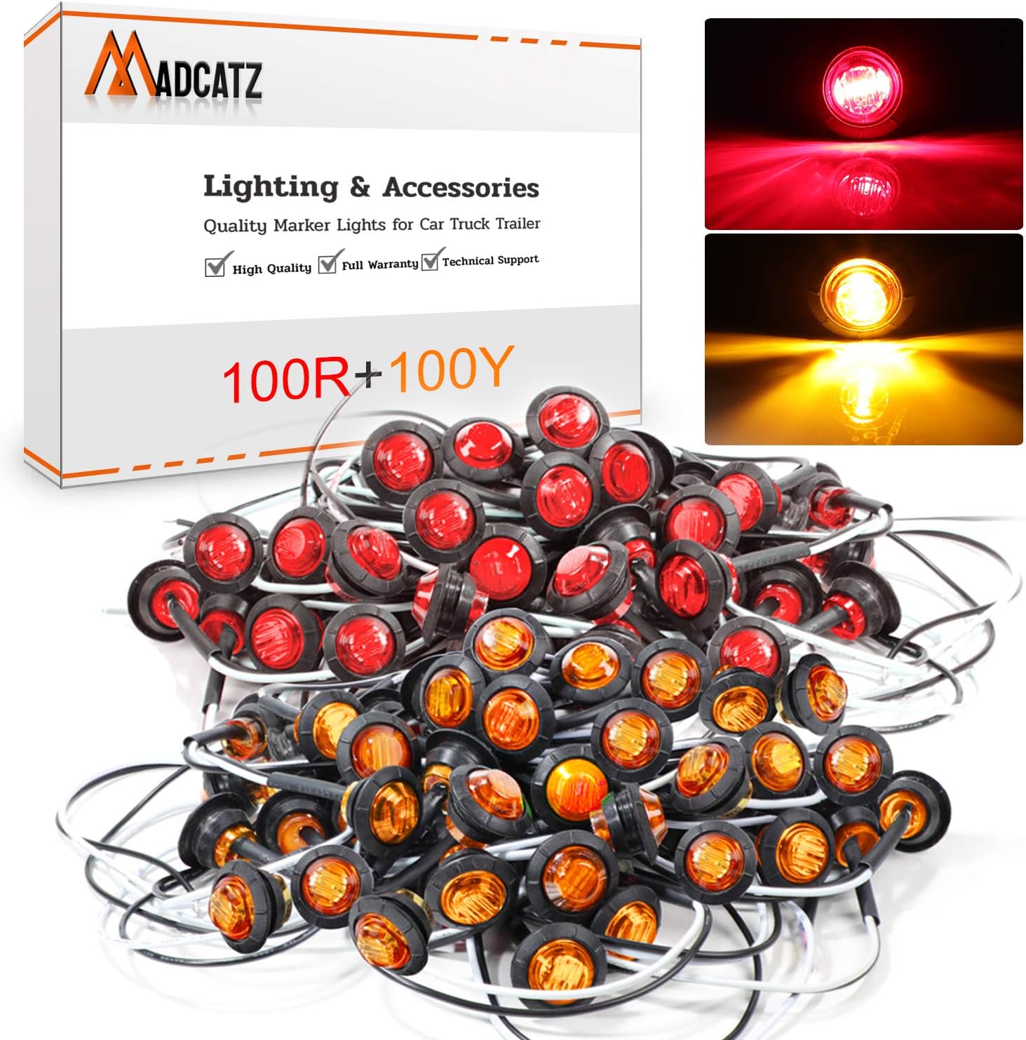 MADCATZ Big Sets 3/4 Inch Side Marker Lights Round Mix Amber/Red Light 3LED for Trailer Truck Lorry Boat Bus 12V DC Pack of 200.