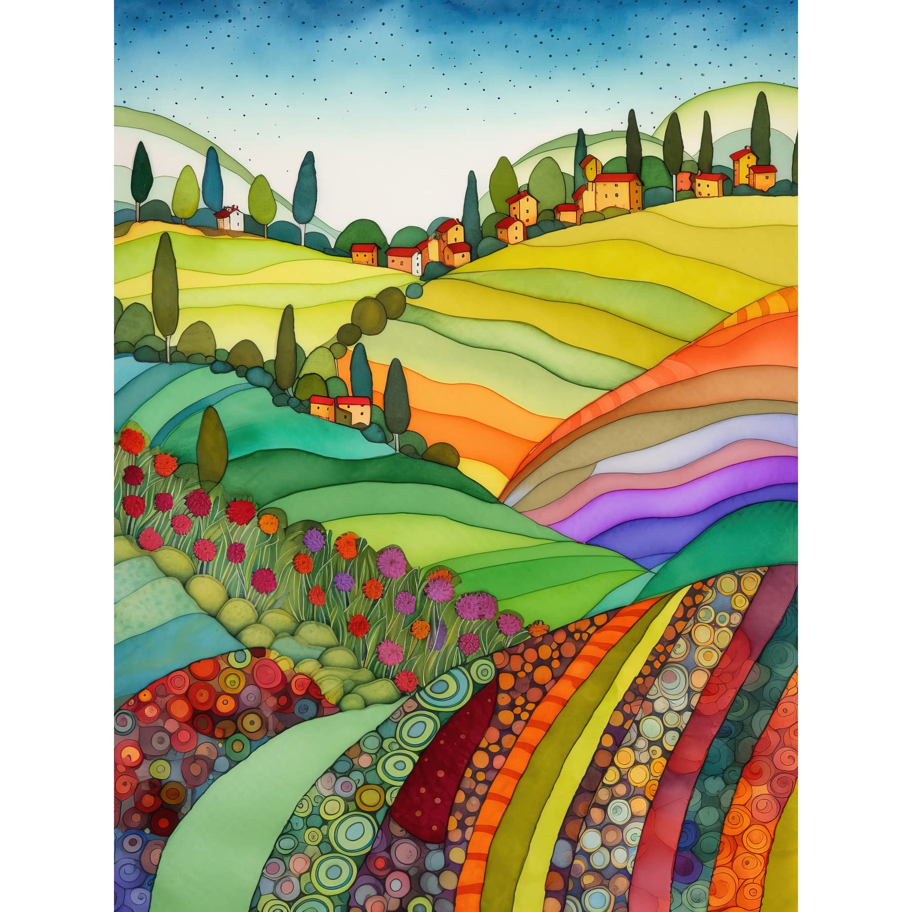 Artery8 Abstract Tuscany Hills Landscape Folk Art Large Wall Art Poster Print Thick Paper 18X24 Inch