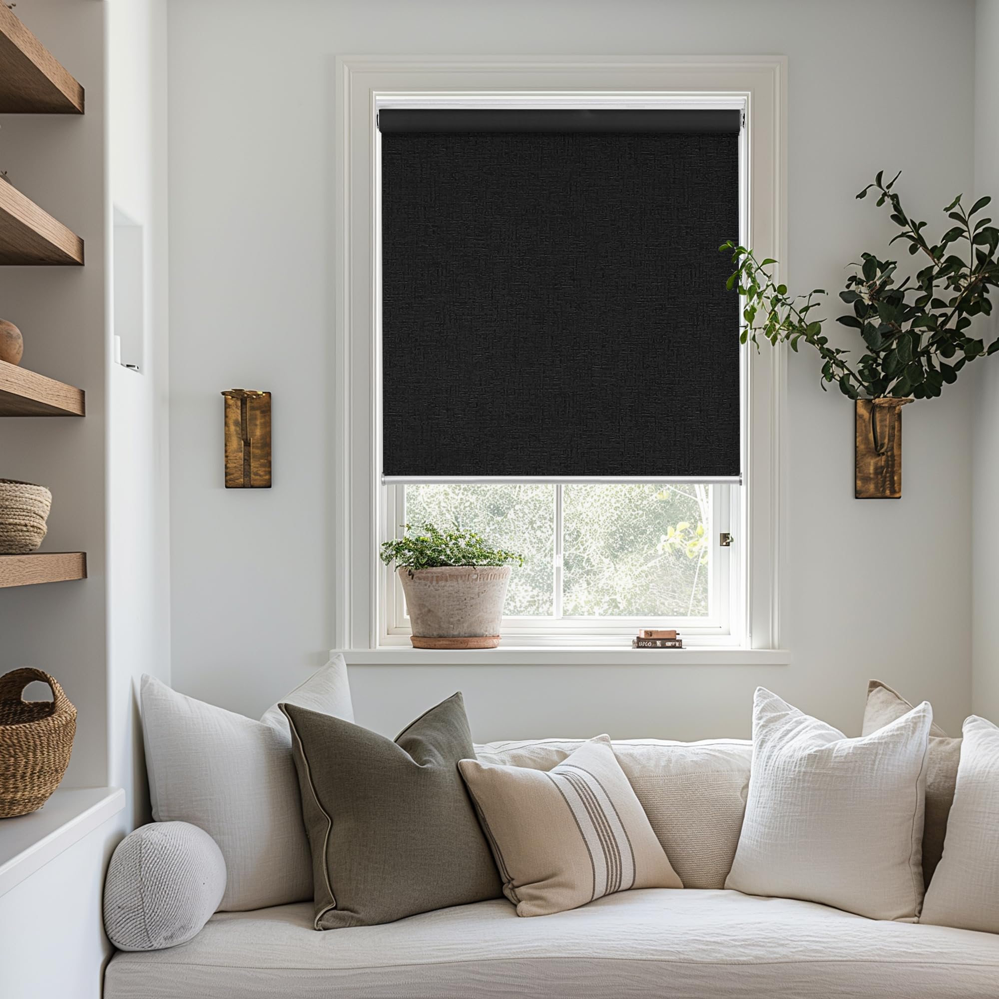 ChrisDowa Cordless Blackout Roller Shade with Spring System Room Darkening UV Protection Jacquard Fabric Blackout Blinds for Indoor Window Shades Pull