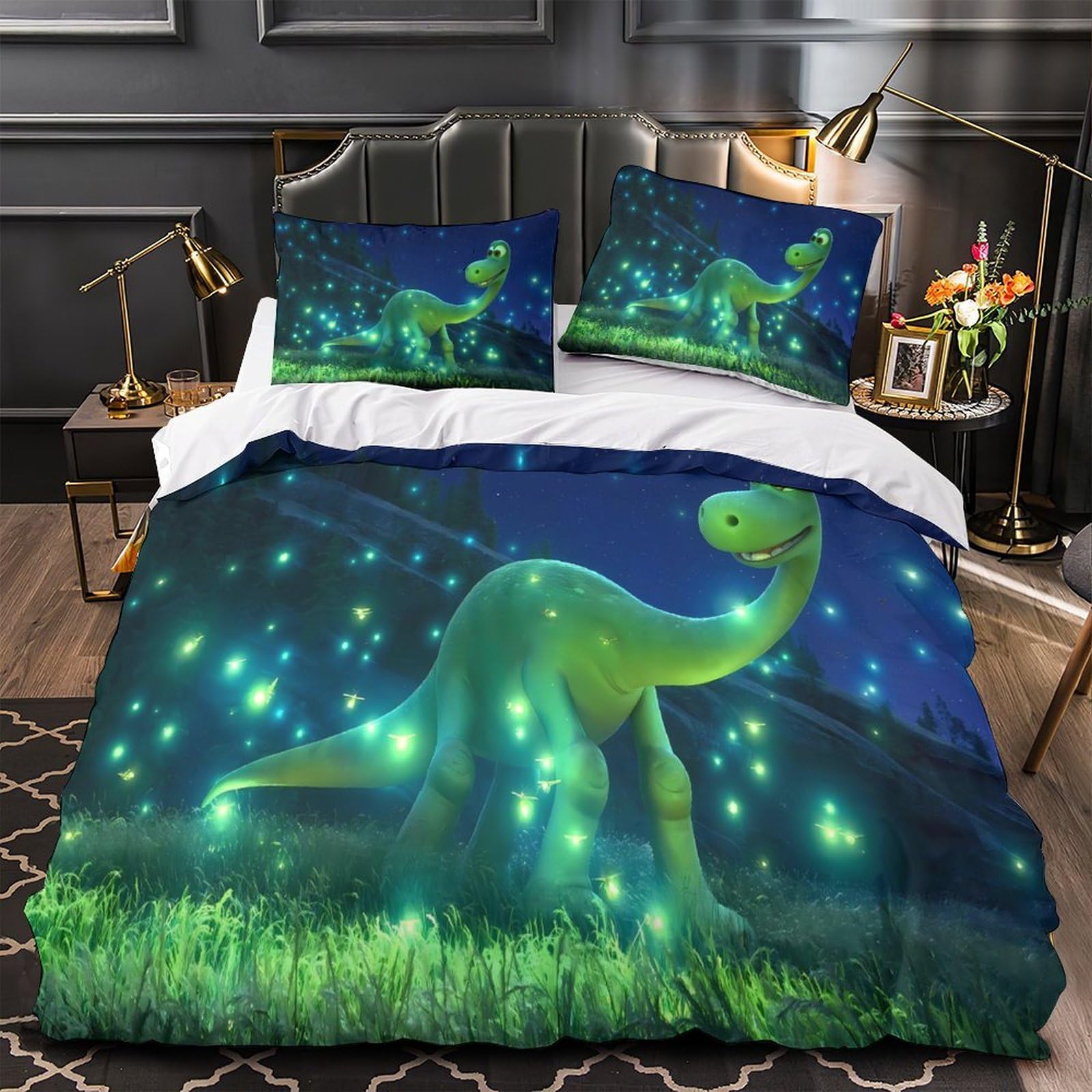 Scena notturna dei dinosauri Impressione 3D 3 pz coperteletto Film d'animazione per famiglie cover piumone microfibra ipoallergenica zip per ragazzi adolescenti donne King（220x240cm）