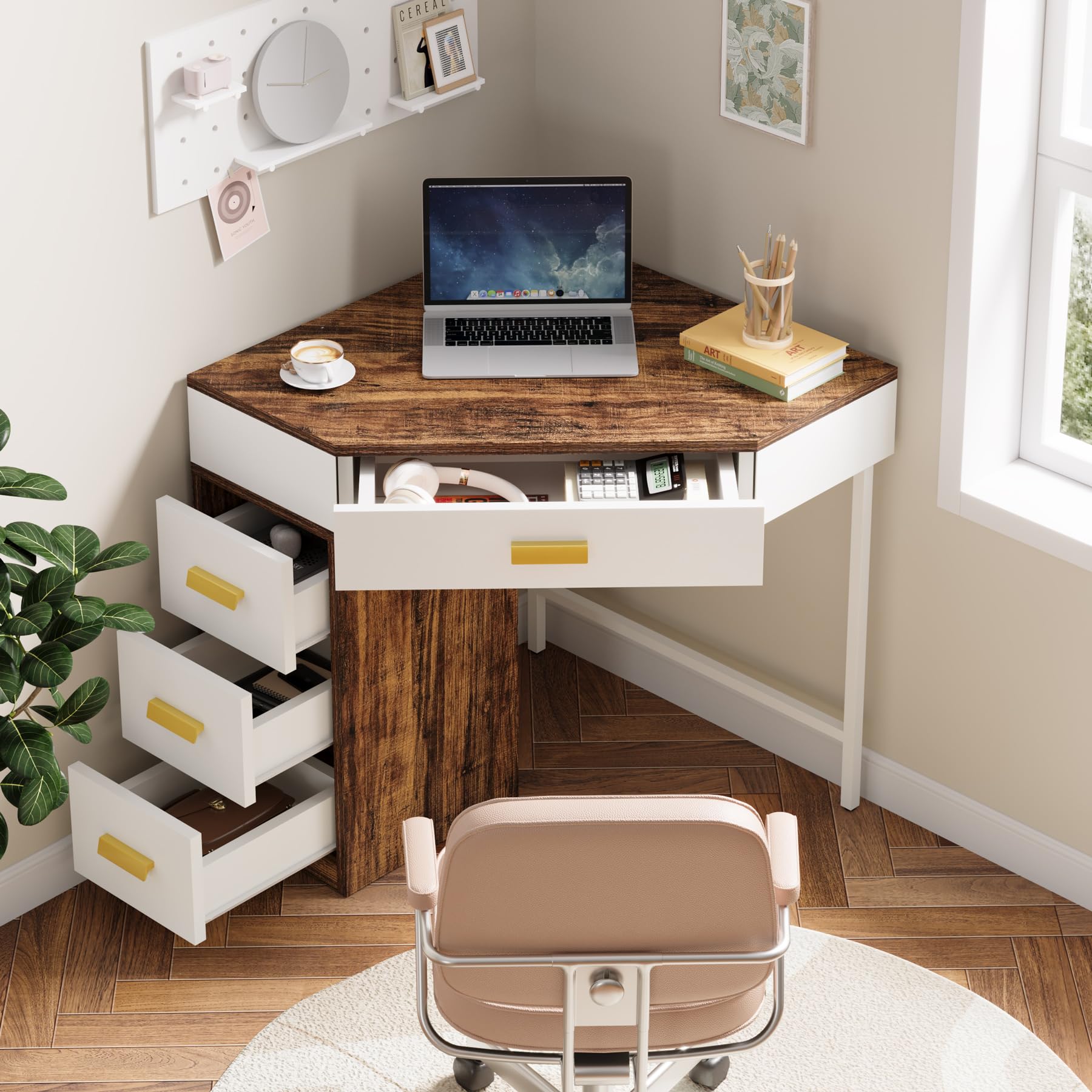 Tribesigns Scrivania Angolare con 4 Cassetti, Scrivania per Computer Salvaspazio a 90°, Scrivania Ufficio con Contenitore, Tavolo PC per Studio, Camera da Letto, Soggiorno, Marrone/Bianco