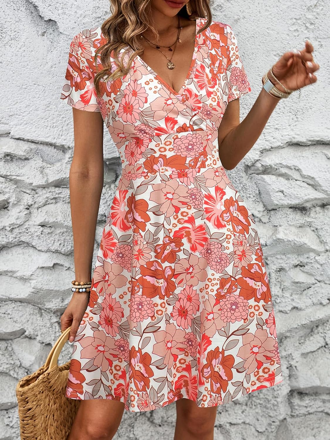 Womens Summer Elegant Mini Dresses Short Sleeve Floral V Neck Casual Beach Vacation Fit Flare A-Line Sun Dress S620 - Image 4