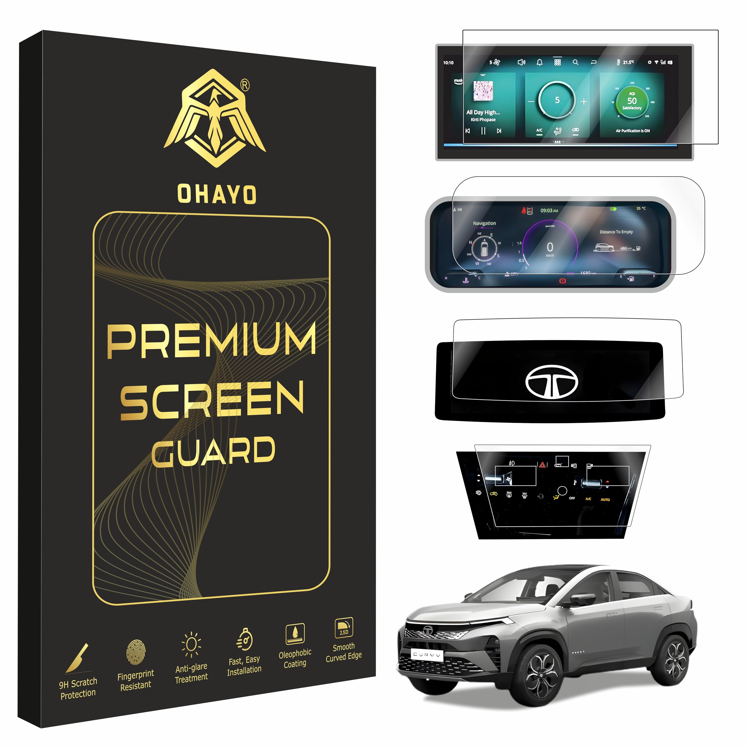 OHAYO 4 Pack Car Display Screen Protector for Tata Curvv 2024 Accomplished S, Creative+S – 10.25” Infotainment, Instrument Cluster, Steering & AC Panel Protection | 9H Hardness, Military Strength, Scratch Resistant, Ultra-Clear, Bubble-Free, Not Tempered Glass-image-36