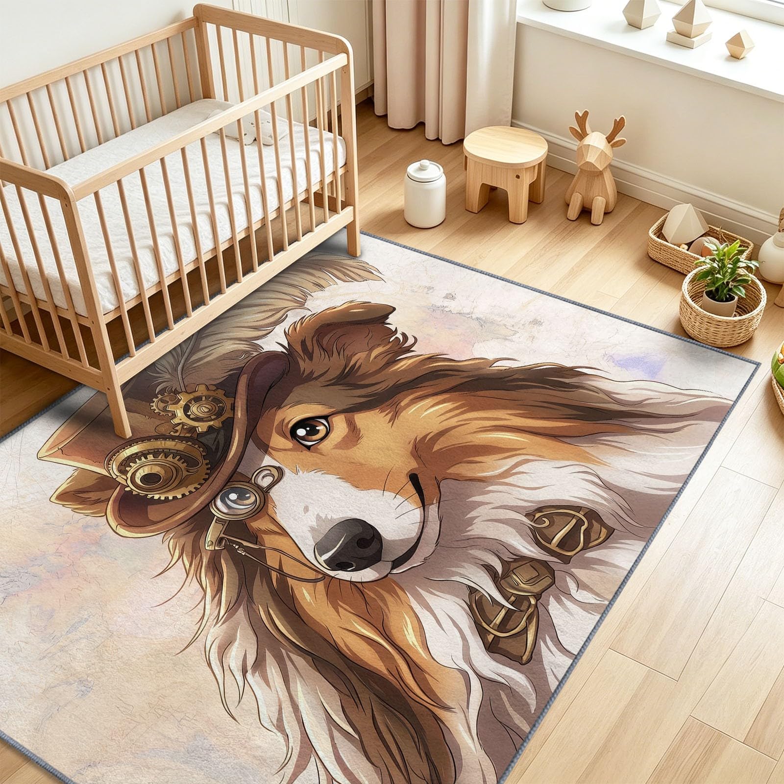 Animaux Steampunk Tapis Antidérapant 140 x 200 cm Doux Tapis, pour Salon Chambre à Coucher Salle à Manger Haut-De-Forme Chien Berger Moderne Lavable Poils Ras Lavable Poils Courts Moquette