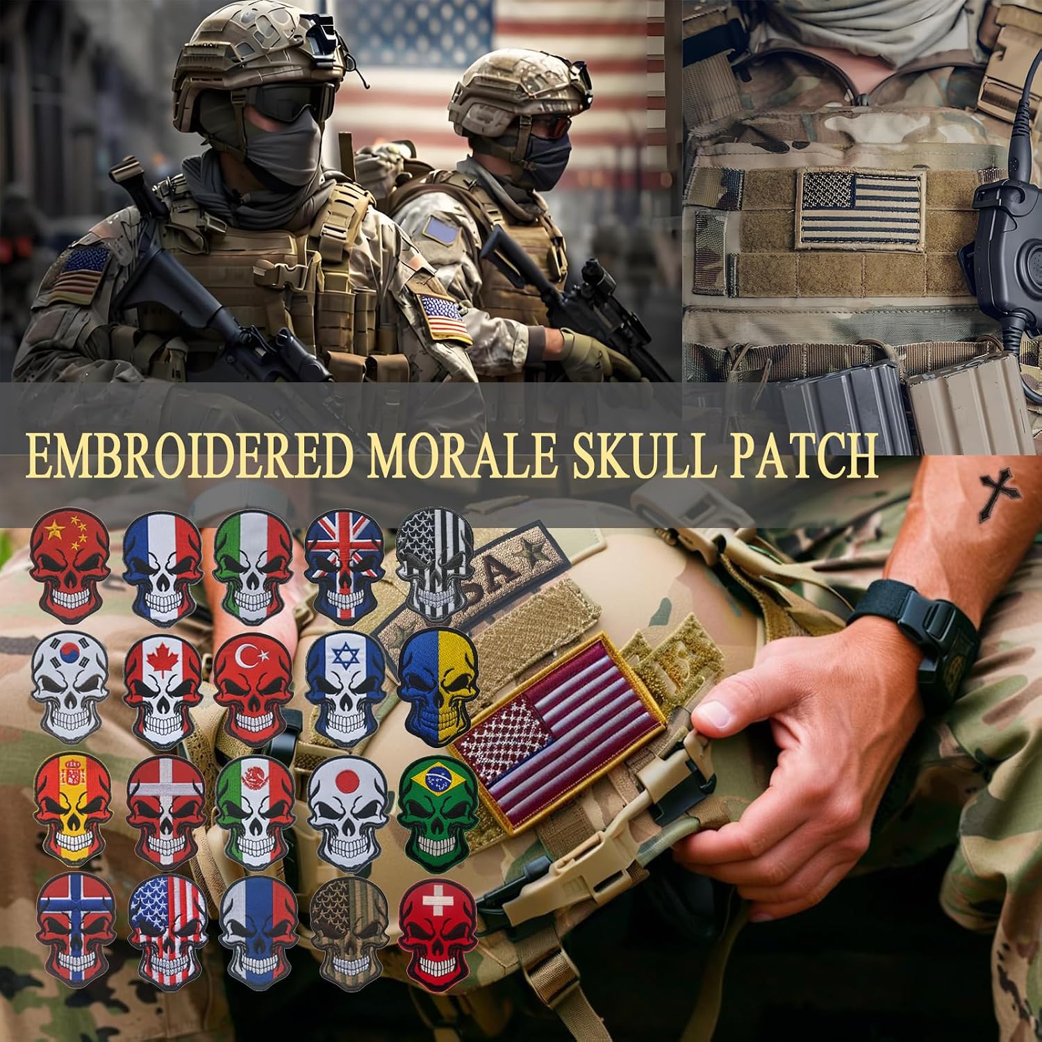 2PCS USA American Flag Patches Skull Patch Embroidered Tactical Military Morale Patch Hook and Loop(Brown)