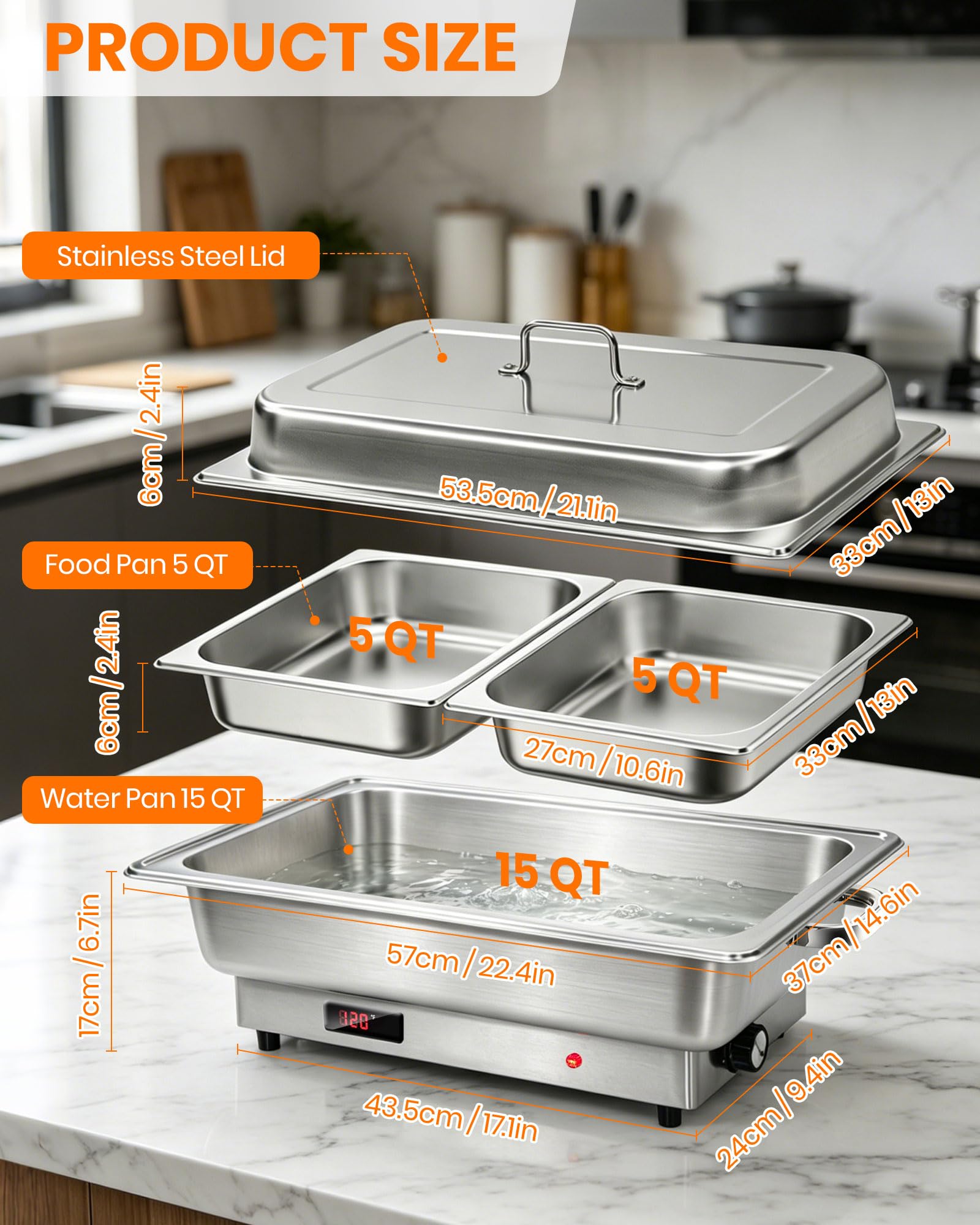 Scaldavivande elettrico 9L Chafing Dish Buffet in acciaio inox Buffet | Display di controllo della temperatura, thermos scalda vivande, configurazione 2 GN 1/2, per feste, catering e eventi