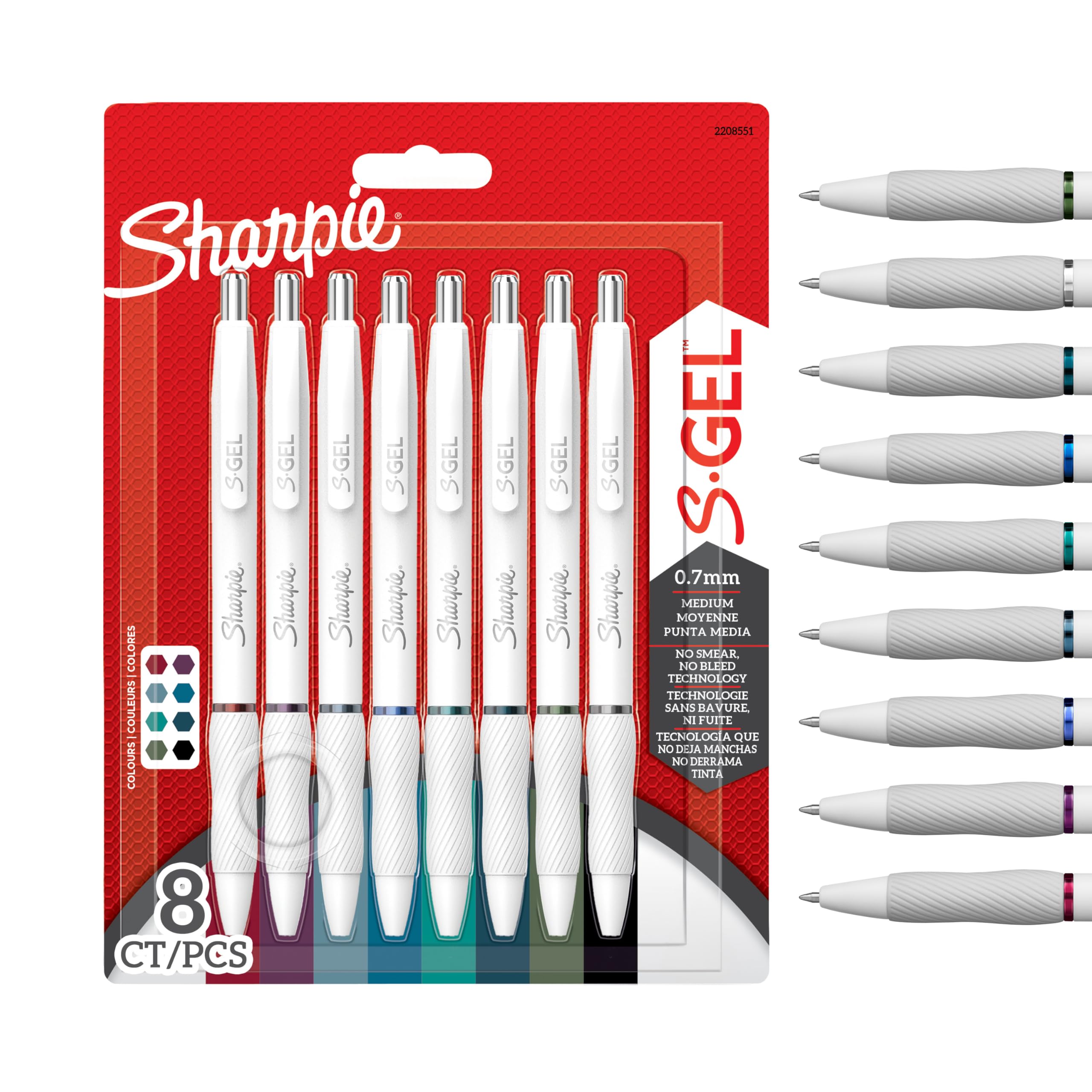 Sharpie S-​Gel | Stylos Gel pour Écriture | Pointe Moyenne (0,​7mm) | Encres Couleurs Assorties | Corps Perle Blanche | Lot de 8