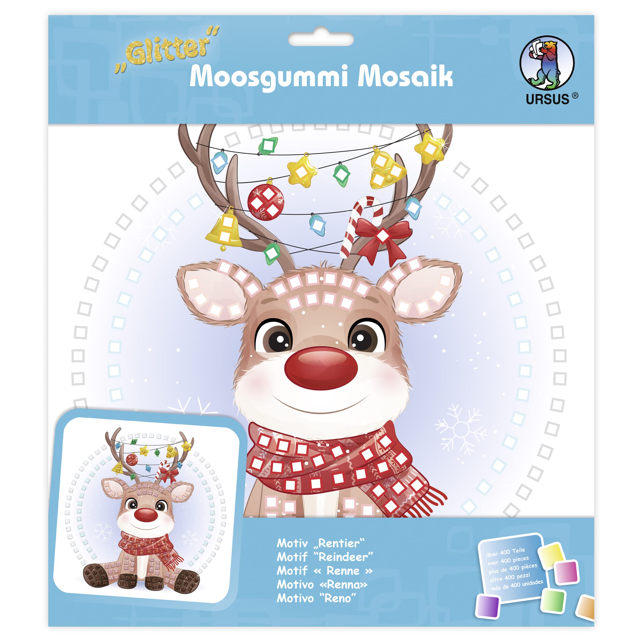 Ursus 8420020 Glitter Foam Rubber Mosaic Picture Reindeer Craft Set for an Adhesive Image Made of Foam Rubber Stickers, Approx. 25 x 25 cm with Stand, Medium