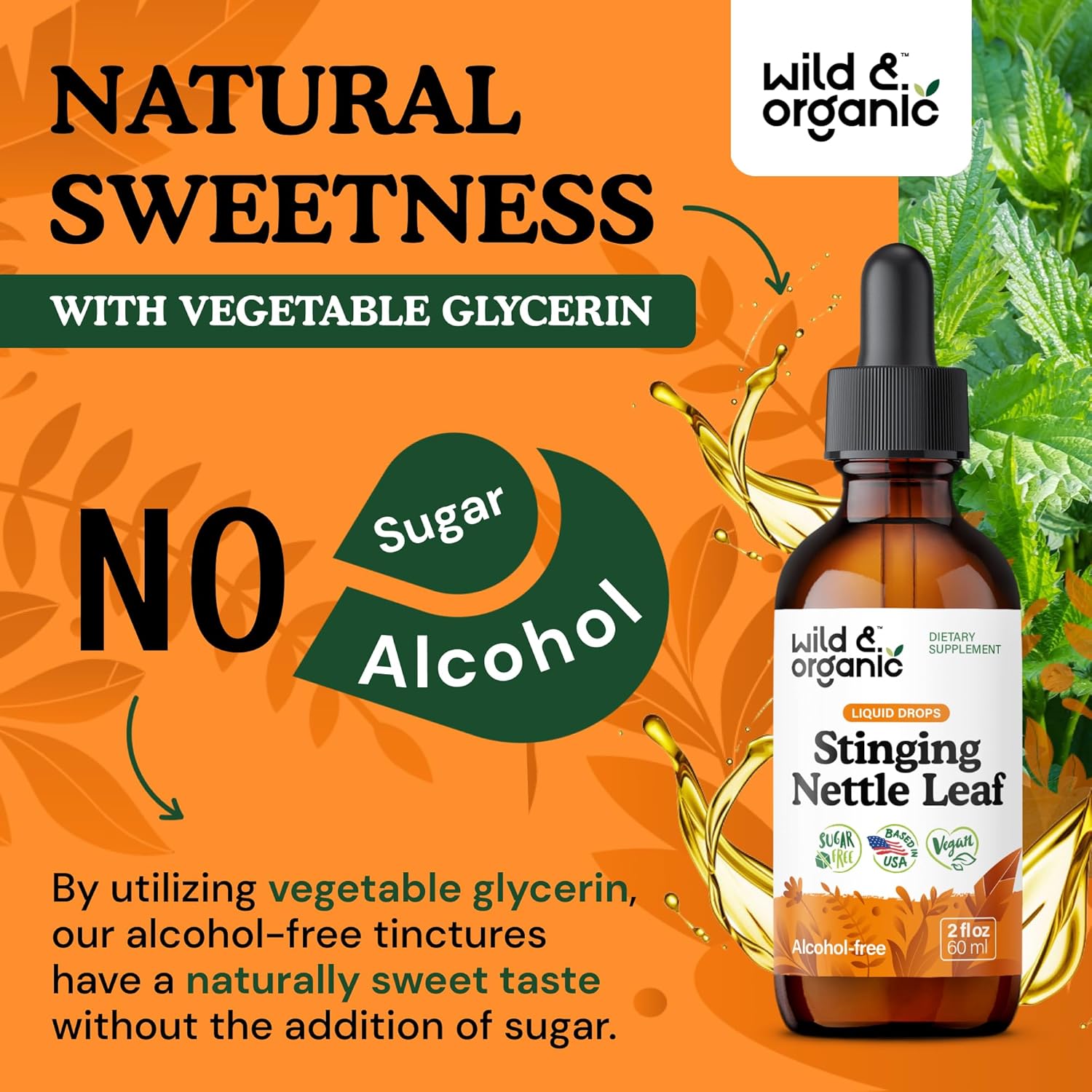 Wild & Organic Stinging Nettle Leaf Extract Drops - Urinary Tract Support - Liquid Stinging Nettle Supplement - Urtica Dioica Tincture - 2-Month Supply - Vegan, Sugar & Alcohol-Free - 2 fl oz