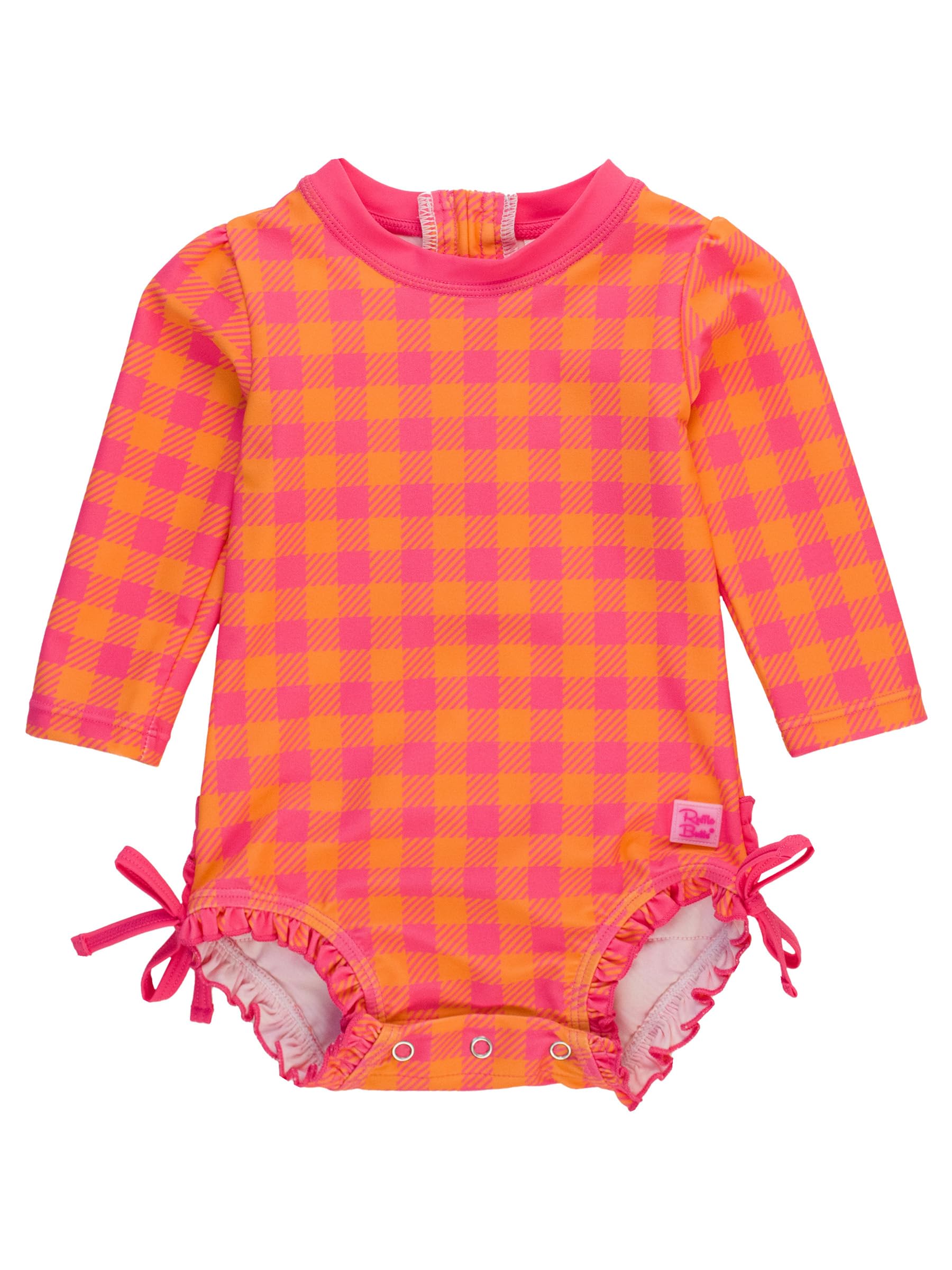 RuffleButts Baby Girls UPF 50+ Sun Protection Gingham Printed Long Sleeve One Piece Rash Guard Swimsuit with Zipper