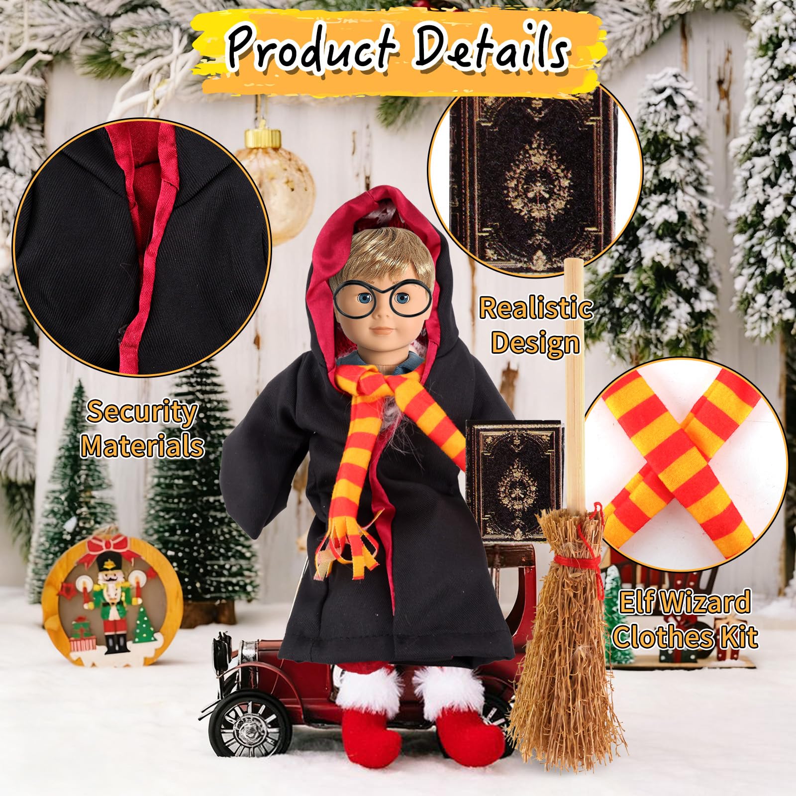 Elf Doll Wizard Clothes Kit and Props Accessories for Elf Doll the Costume Christmas Halloween Dress up Gifts Idea for Girls Includes Broom Mini Glasses - Image 4