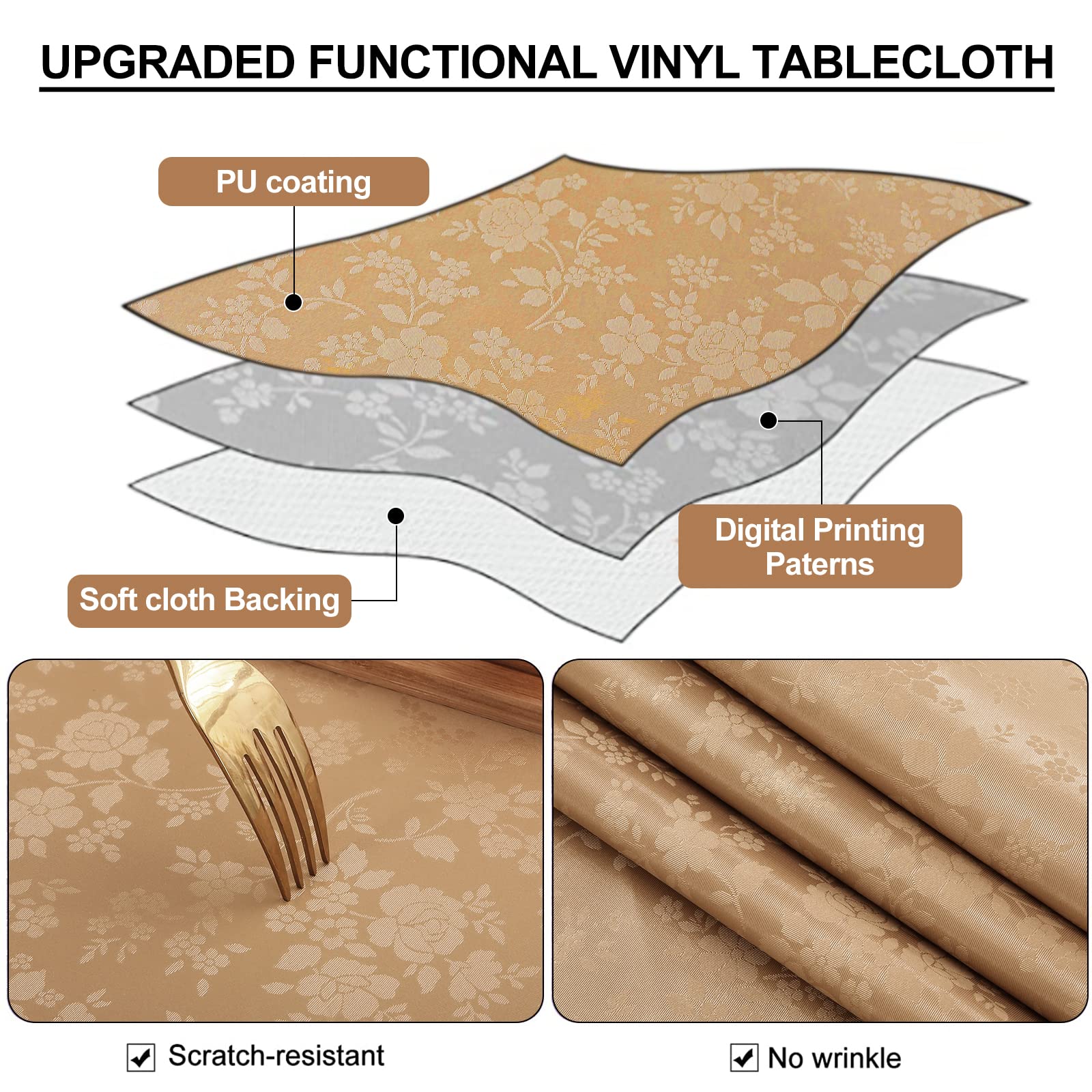 smiry Waterproof Vinyl Tablecloth, Rectangle Heavy Duty Table Cloth, Wipeable Table Cover for Kitchen and Dining Room (Brown, 60" X 120")