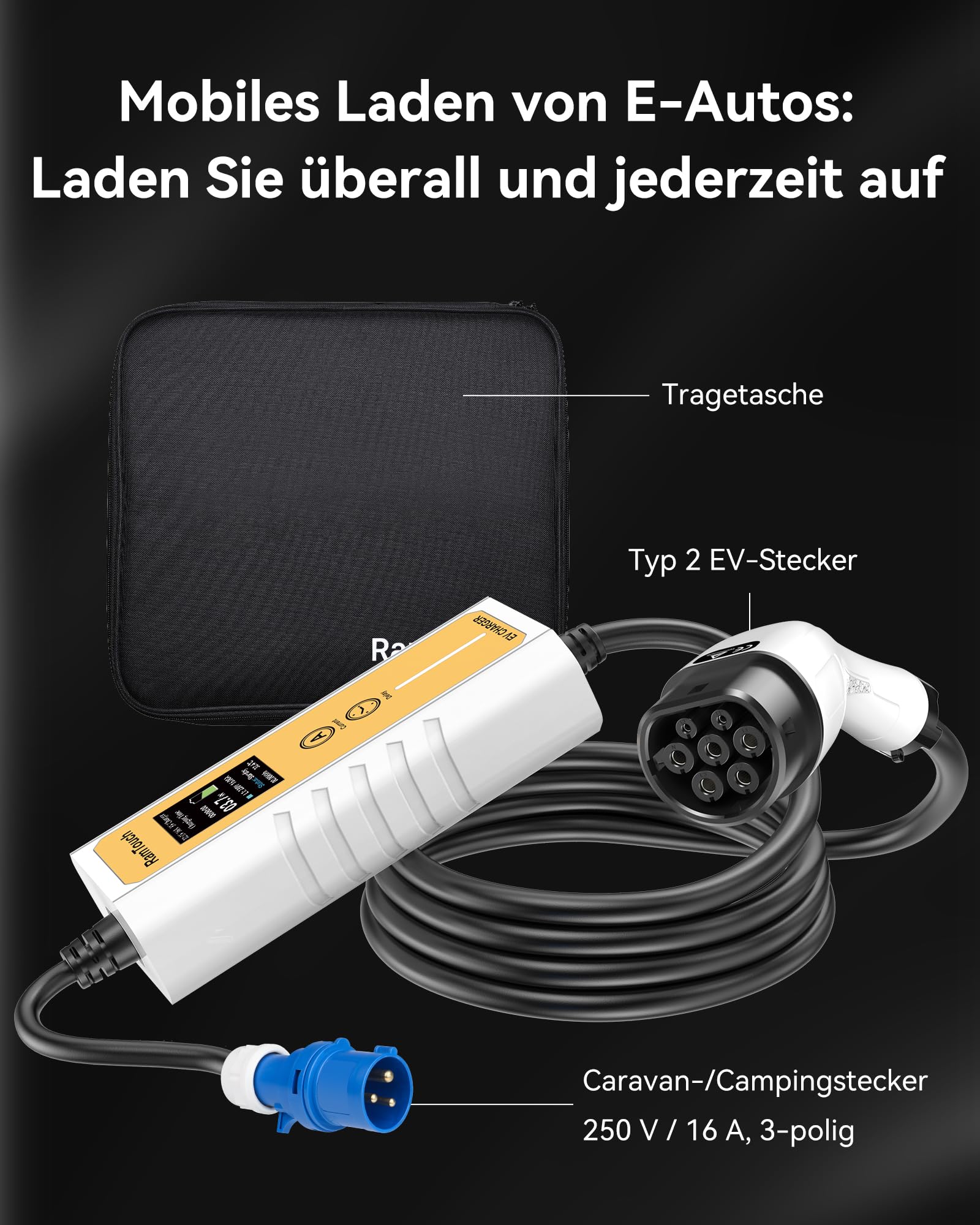Elektrisches Kfz-Ladegerät (3,7 kW, 10,5 m, Typ 2, CEE P17 16 A) – Ladekabel mit Einstellbarer Ampere 6A-16A, verzögerte und programmierte Ladung, Mobile Ladestation für EV und PHV