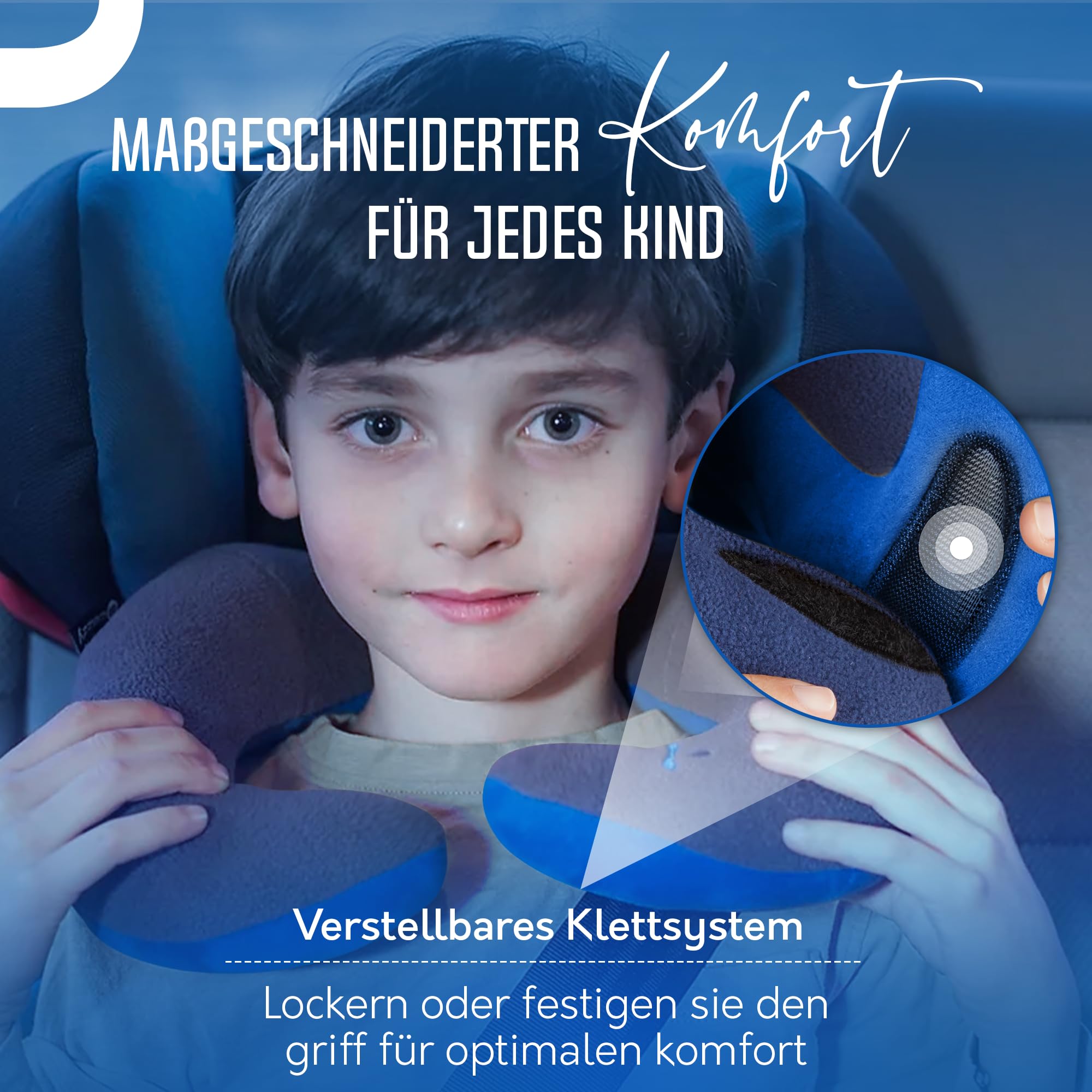 BCOZZY Kinder (3-7 J.) Auto Nackenkissen – Patentiertes Reisekissen für Kopfstütze im Kindersitz, Flugzeug und beim Schlafen auf Reisen. Weich. Verstellbar. Waschbar. Mit Tragetasche. Klein, Blau