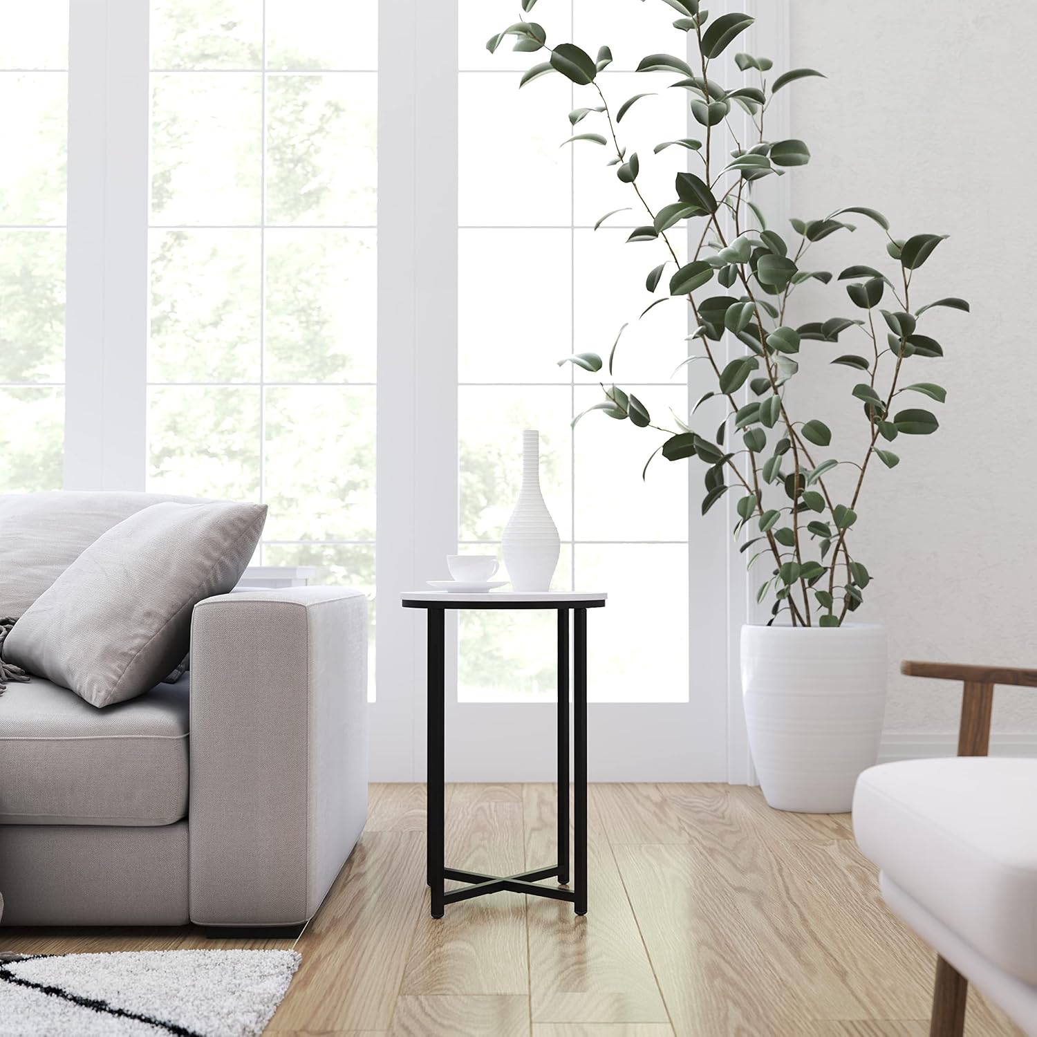 Merrick Lane Fairdale Laminate End Table - Faux Marble Tabletop with Matte Black Frame - Round Frame Design - Cross Brace Frame