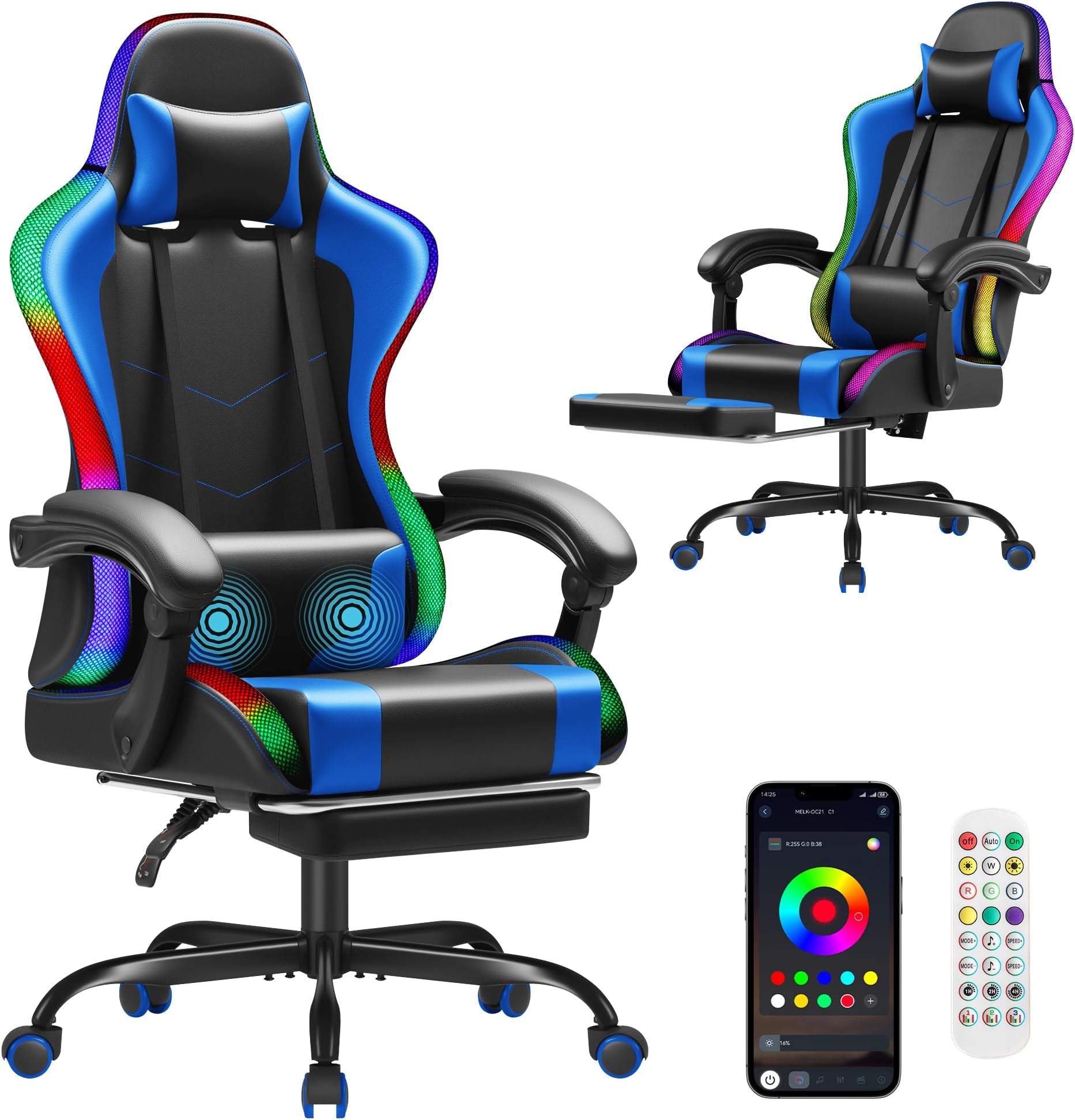 Homall Gaming Chair, Video Game Chair with Footrest and Massage Lumbar Support, Ergonomic Computer Chair Height Adjustable with Swivel Seat and Headrest (RGB Blue)