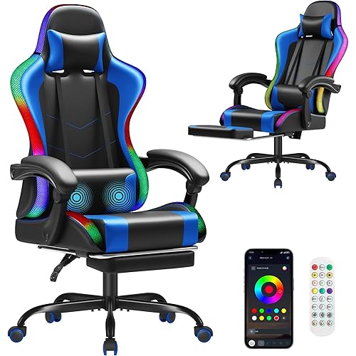 Homall Gaming Chair, Video Game Chair with Footrest and Massage Lumbar Support, Ergonomic Computer Chair Height Adjustable with Swivel Seat and Headrest (RGB Blue)