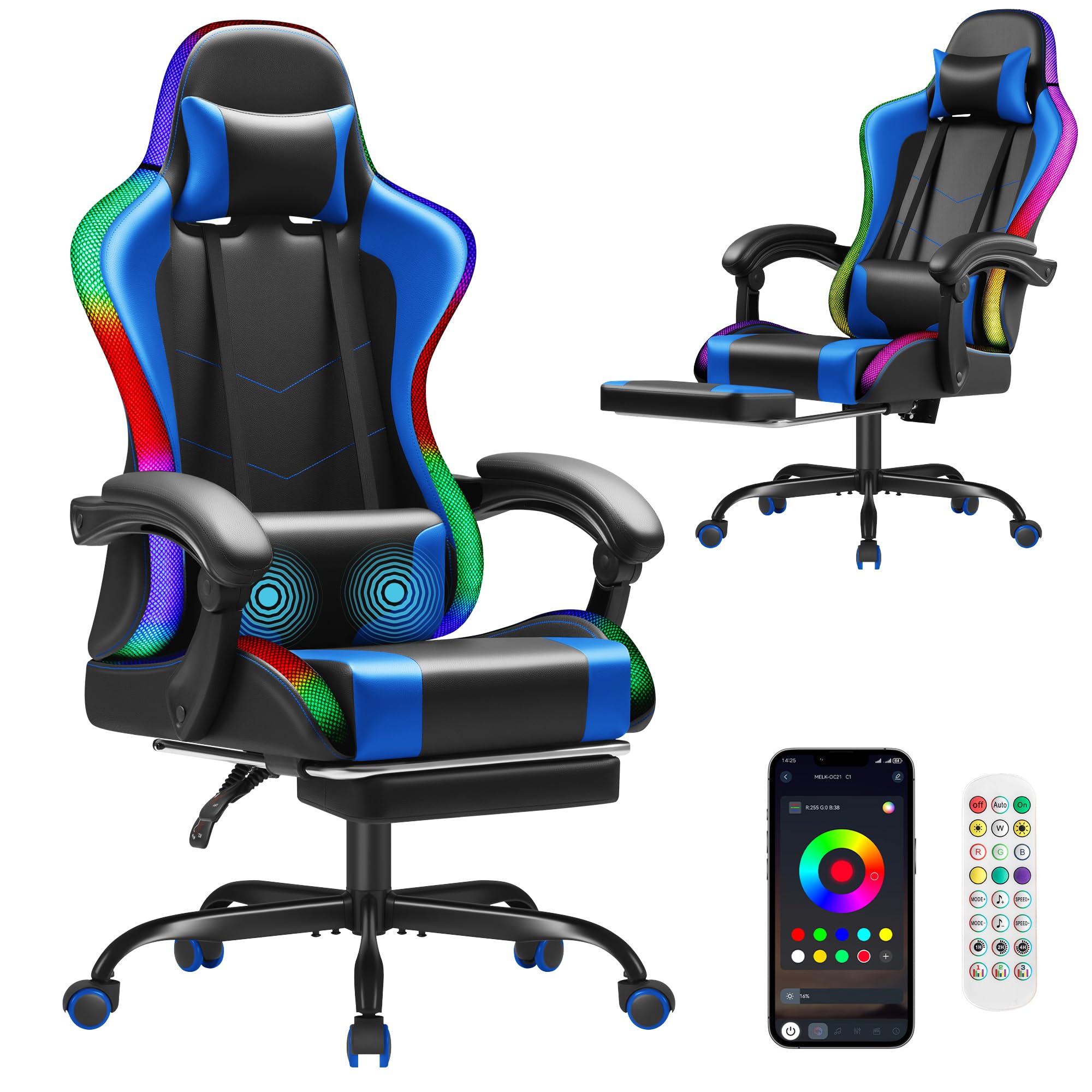 Gaming Chair, Video Game Chair with Footrest and Massage Lumbar Support, Ergonomic Computer Chair Height Adjustable with Swivel Seat and Headrest (RGB Blue)