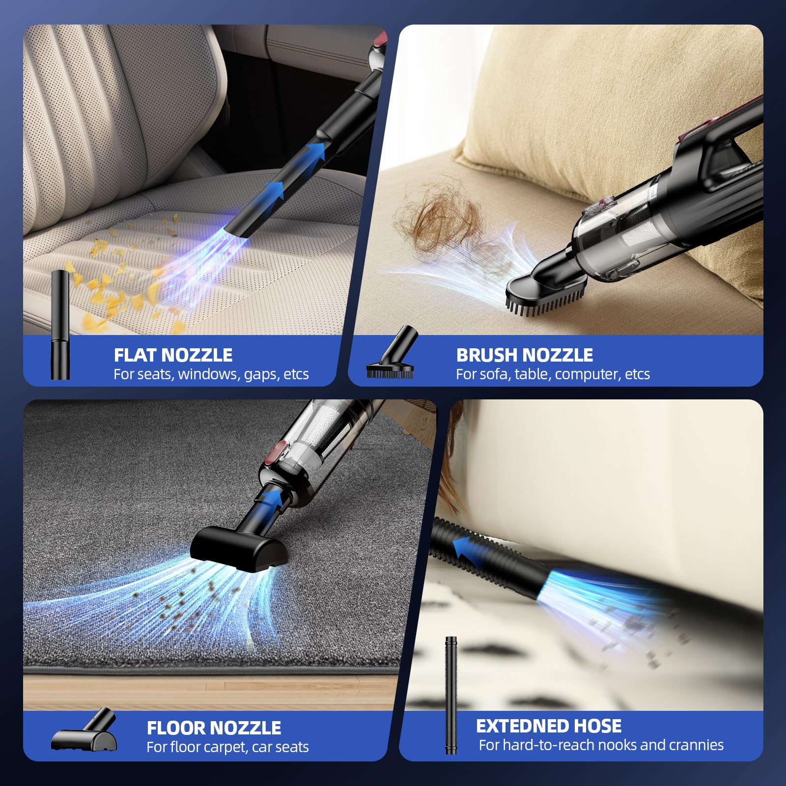MONOZEL Handheld Vacuum Cleaner, 18000Pa 2 in 1 Cordless Car Vacuum Cleaner&Air Duster, 130W Brushless Motor with 7800mAh Battery, LED Light and Multi-Nozzles, Portable for Home, Car, Office, Pet view 5