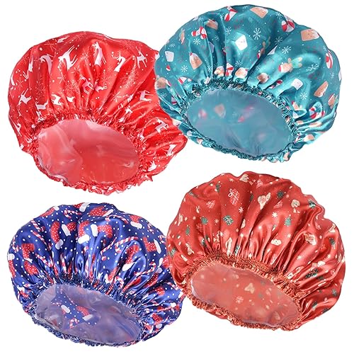 Vista 55 de Gorros de ducha para mujer, 4 gorras de baño elásticas y reutilizables, doble capa impermeable, gorras de ducha de baño, sombrero de baño