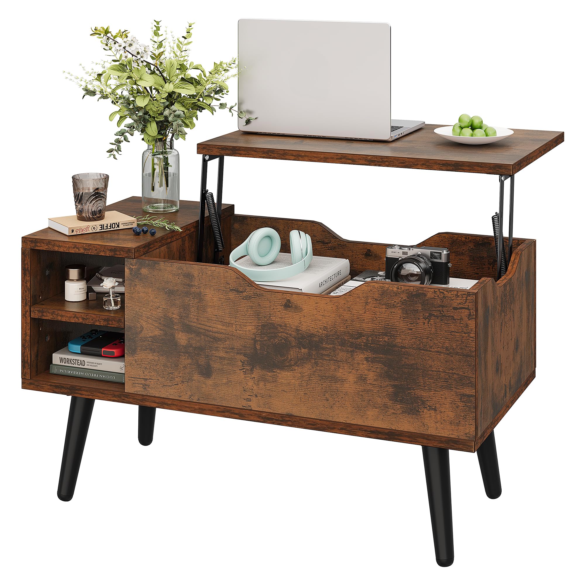 YITAHOME Mesa de Centro Elevable con Compartimento Oculto, Estante de Almacenamiento Ajustable, Elevador de Resorte, Mesa de Centro con Almacenamiento para Sala de Estar, 80x40x61,5cm, Marrón Rústico