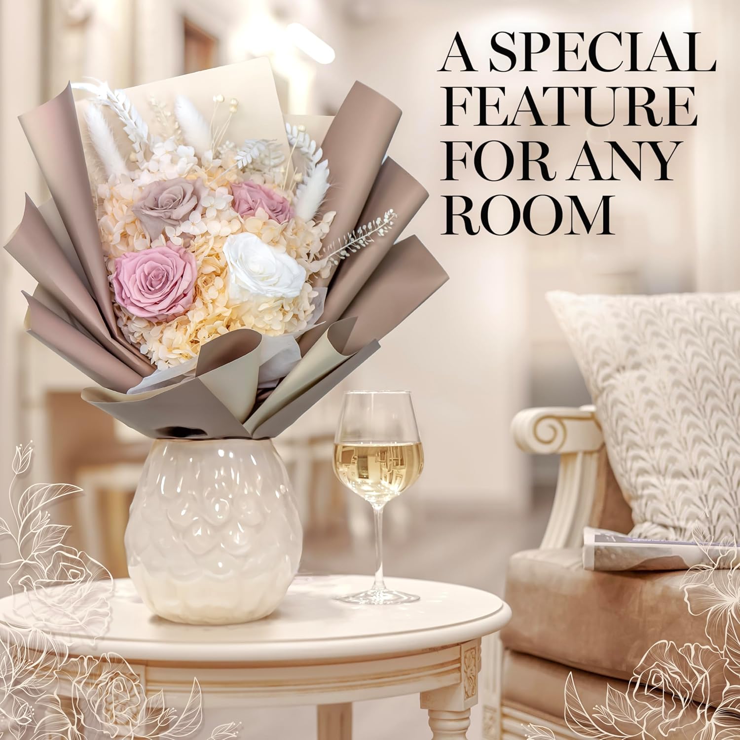 GLAMOUR BOUTIQUE Preserved Flowers Bouquet - Long-Lasting Flowers Forever in a Box with Hydrangeas & More, Gift Ready for Anniversary, Birthday, Mother's Day - Dusty Rose (Color-Treated)