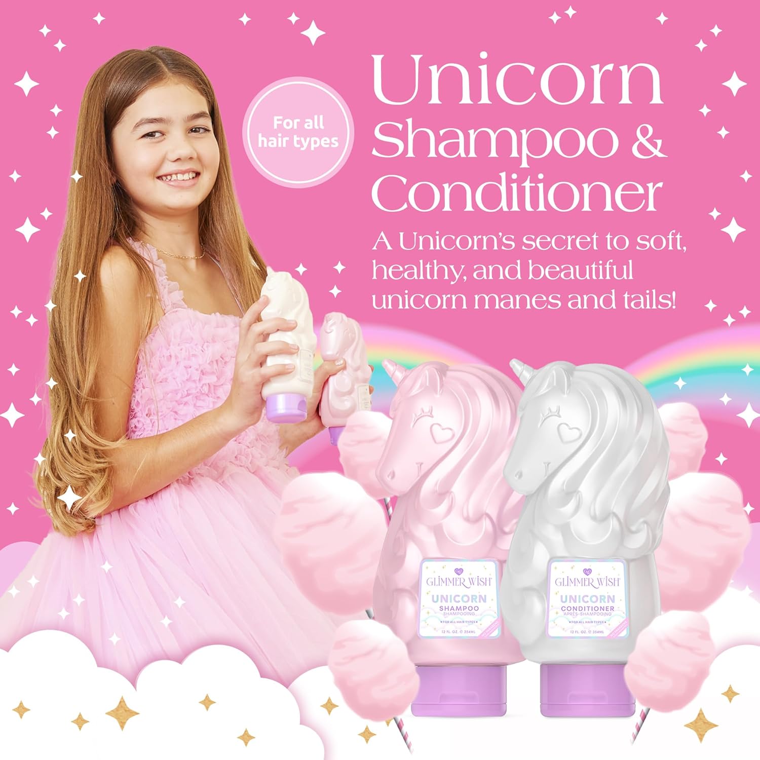 Glimmer Wish Premium Unicorn Shampoo + Conditioner, Tropical Beach Scent, Dermatologist Tested, Sulfate & Sulfite Free, Paraben Free, PEG & EDTA Free, 100% Vegan, Cruelty & Gluten Free, x2 12 Fl Oz
