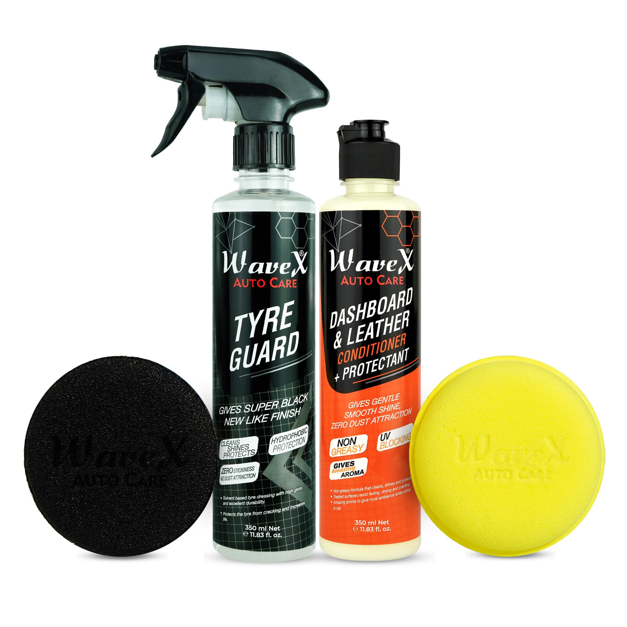 Wavex Dashboard & Leather Conditioner + Tyre Polish with Foam Pads, 350ml | Dashboard & Leather Polish + Protectant | Car Interior Care | Tyre Polish for Super Black Shine | Non‑Greasy & Hydrophobic