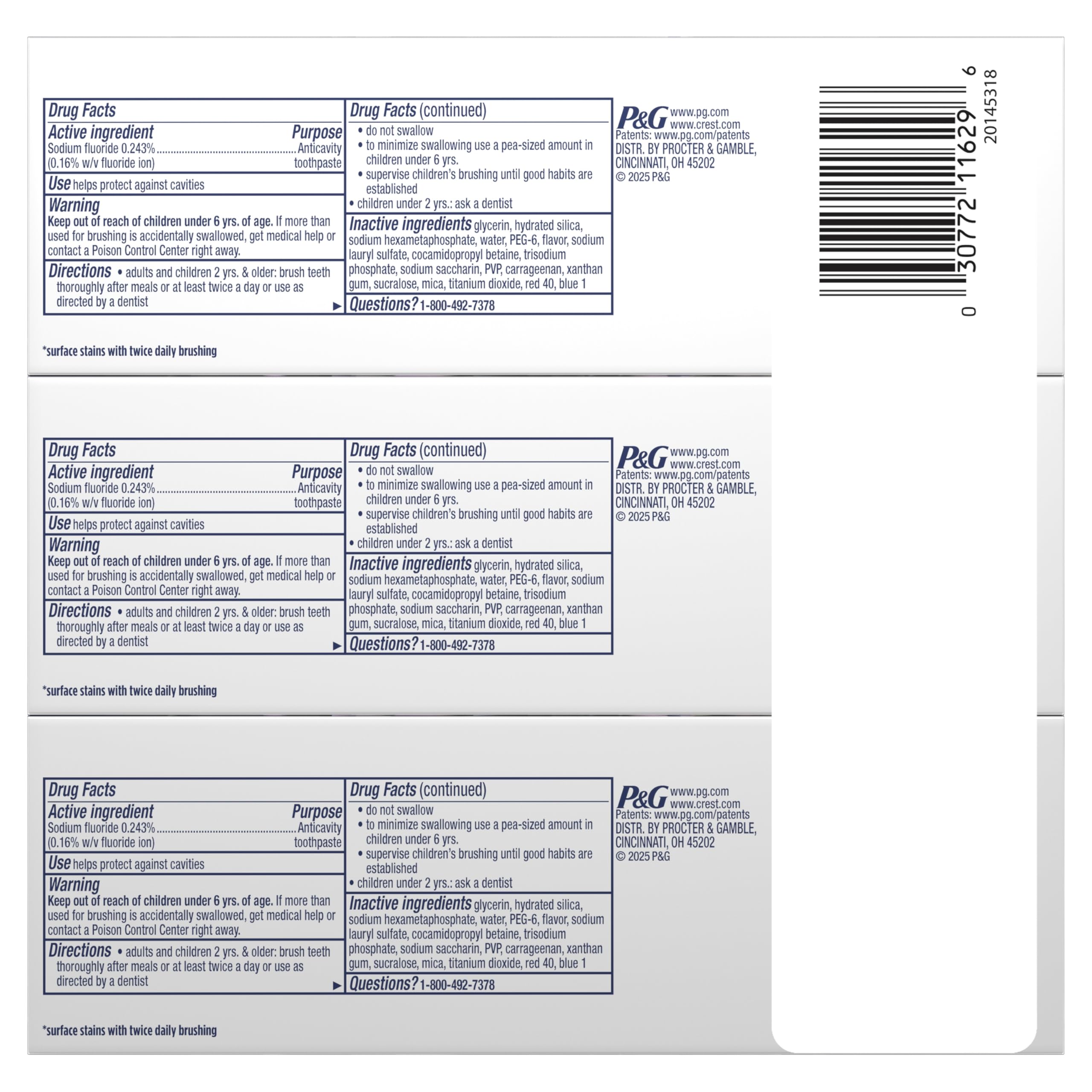 Crest 3D Whitening Zahnpasta, Weiß, Brilliance Luminous Purple, 3 Stück, 142 g, Fluorid Anti-Karies-Zahnpasta, bekämpft 100% mehr Oberflächenflecken, Vorbeugung