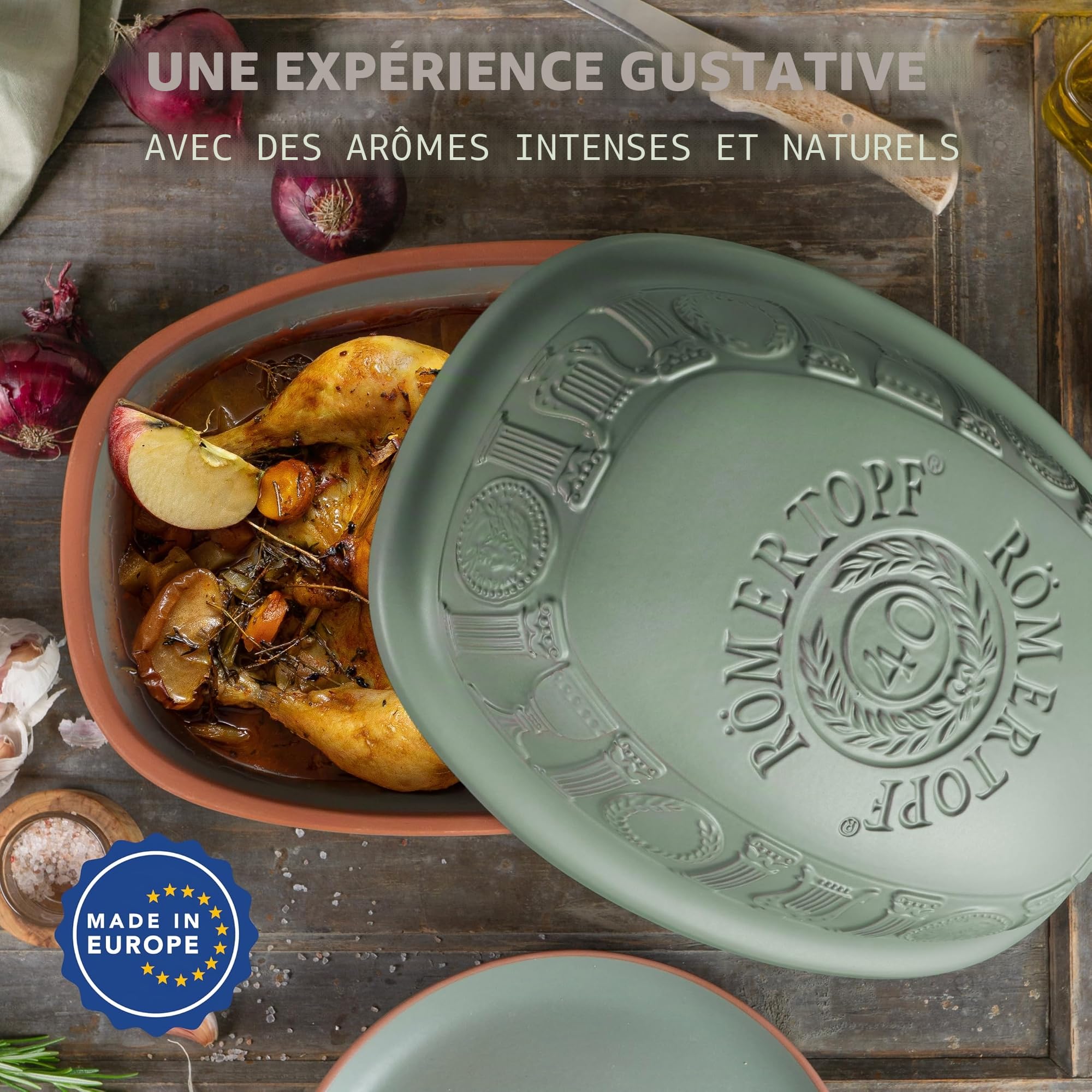 Römertopf Cocotte 40 ans JUBILÄUM verte pour 6 personnes – Cocotte de 3,5 l avec couvercle en céramique – Pour mijoter, rôtir et cuire à la vapeur – Passe au four