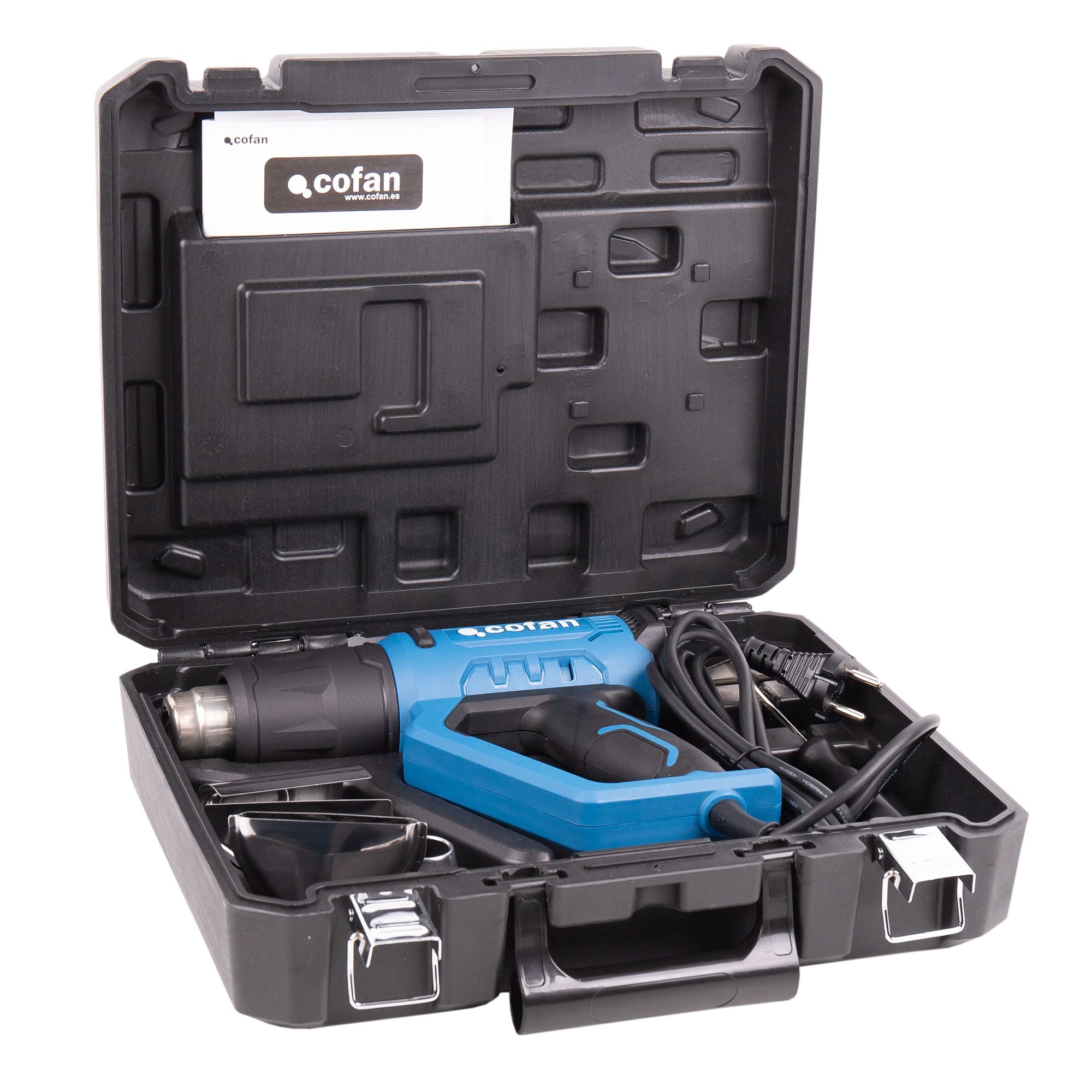 Cofan Pistola de aire caliente 2000 W | LCD digital display |Temperatura regulable 50° hasta 650° | 5 accesorios para decapar, deformar tubos, encoger PVC