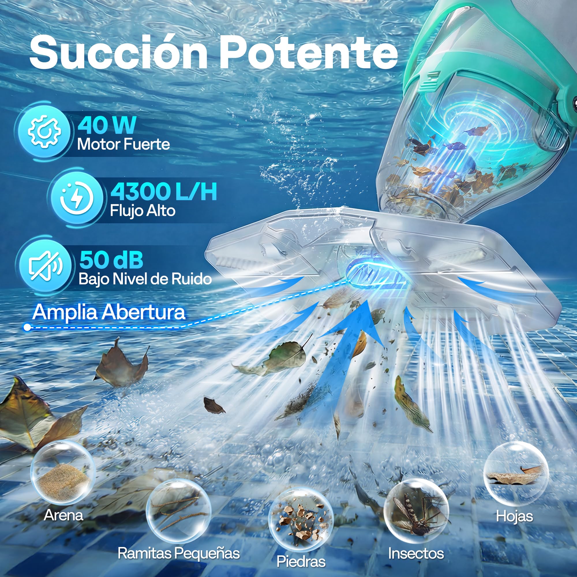 VIVOHOME 250cm Aspirador de Piscina Inalámbrica con Succión Fuerte de 4300LPH, Limpiafondos Piscina Autonomía de 75 Minutos para Piscinas Spas y Jacuzzis