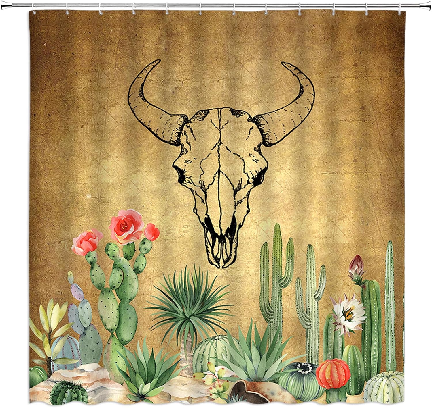 Western Cow Skull Shower Curtain Retro Longhorn Bull Head Tropical Cactus Starry Night Rustic Farmhouse Fabric Bathroom Curtain Set with Hooks(78" Wx70 H)