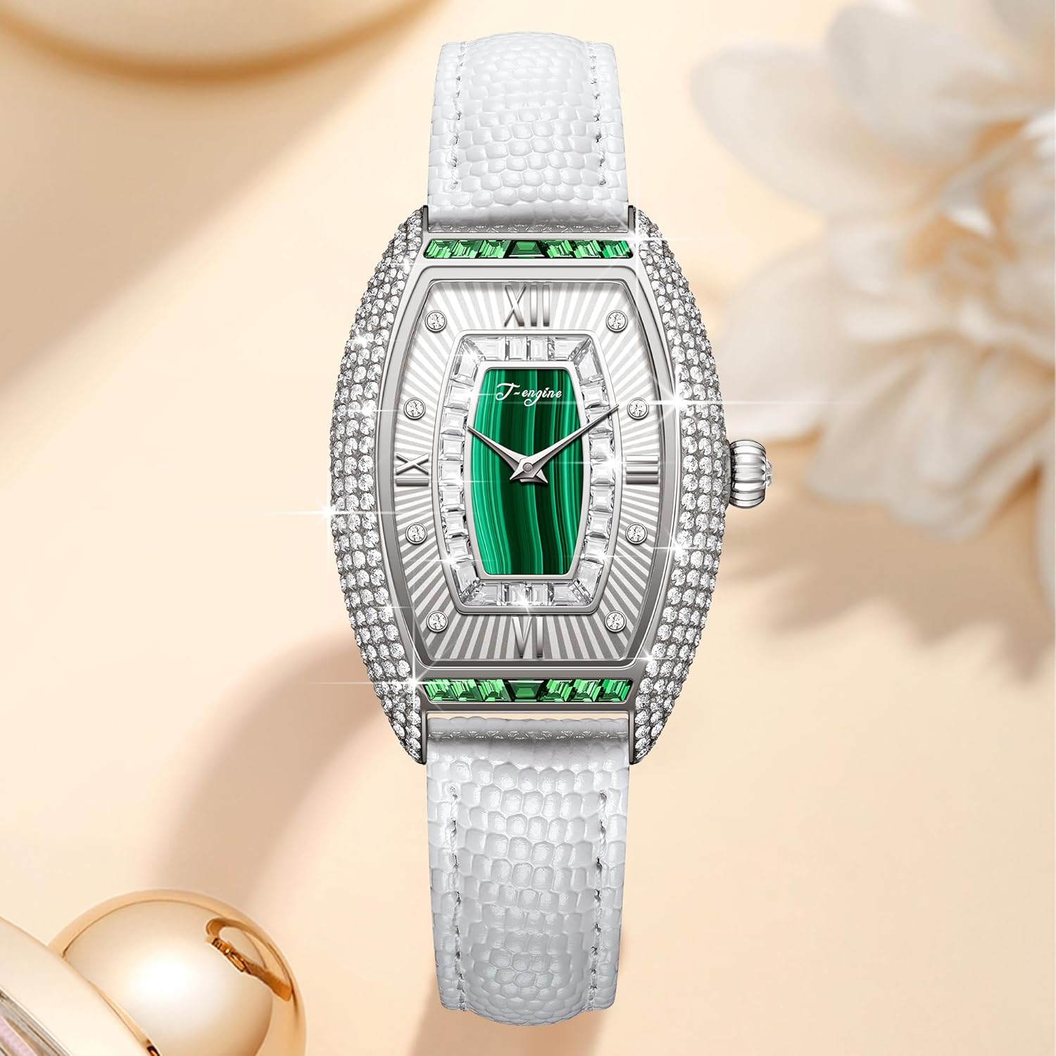 T-ENGINE Luxury Women's Watch with Diamond Inlay, Multi-Colored Zircon Accents, Sapphire Glass Face, Genuine Leather Strap - Elegant Women's Wrist Watch - Image 2