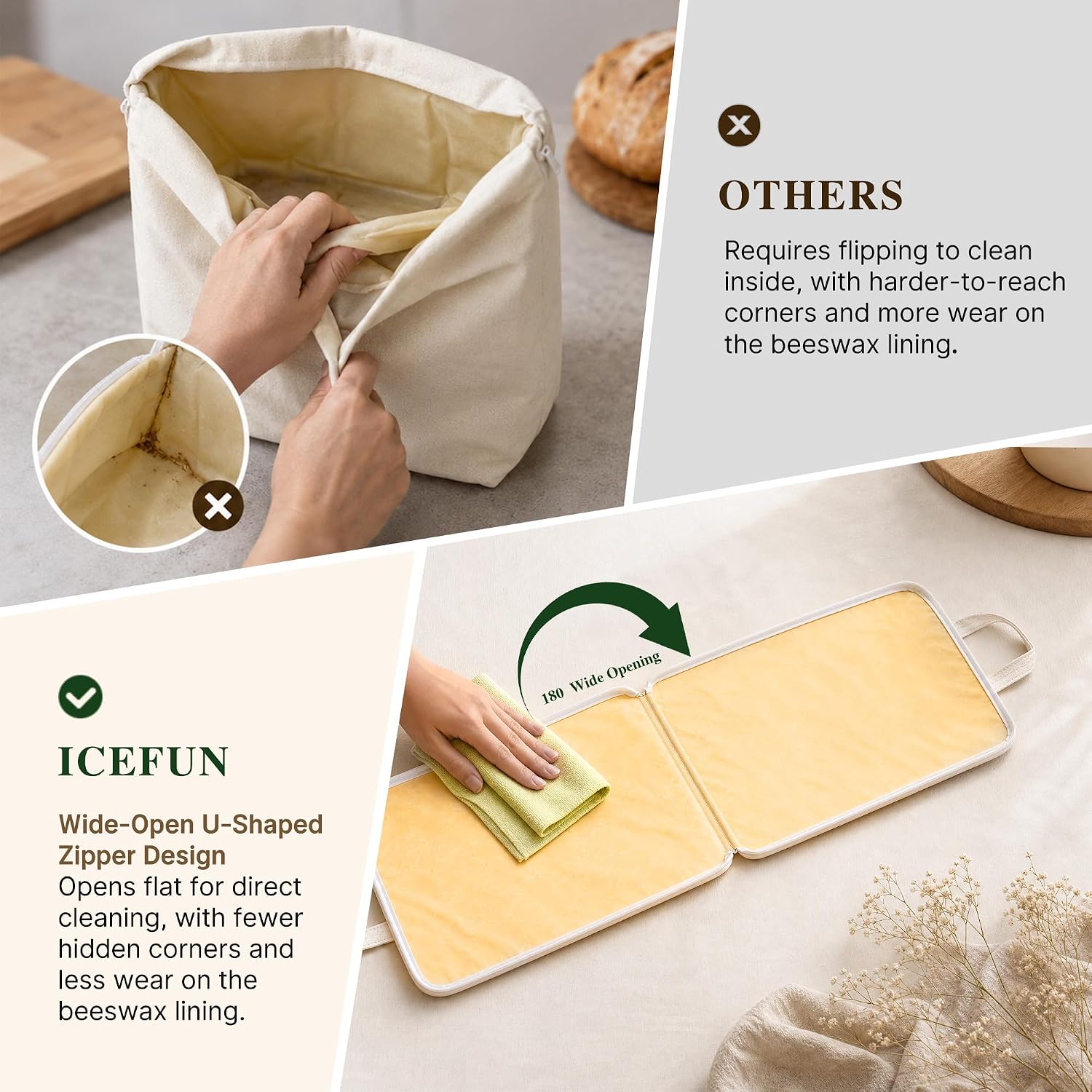 ICEFUN Wide-Opening U-Zipper Beeswax Bread Bag 2 Pack, Beeswax Bread Bags for Sourdough, Easy to Clean Reusable Bread Bag with Dual Zipper Seal and Handles