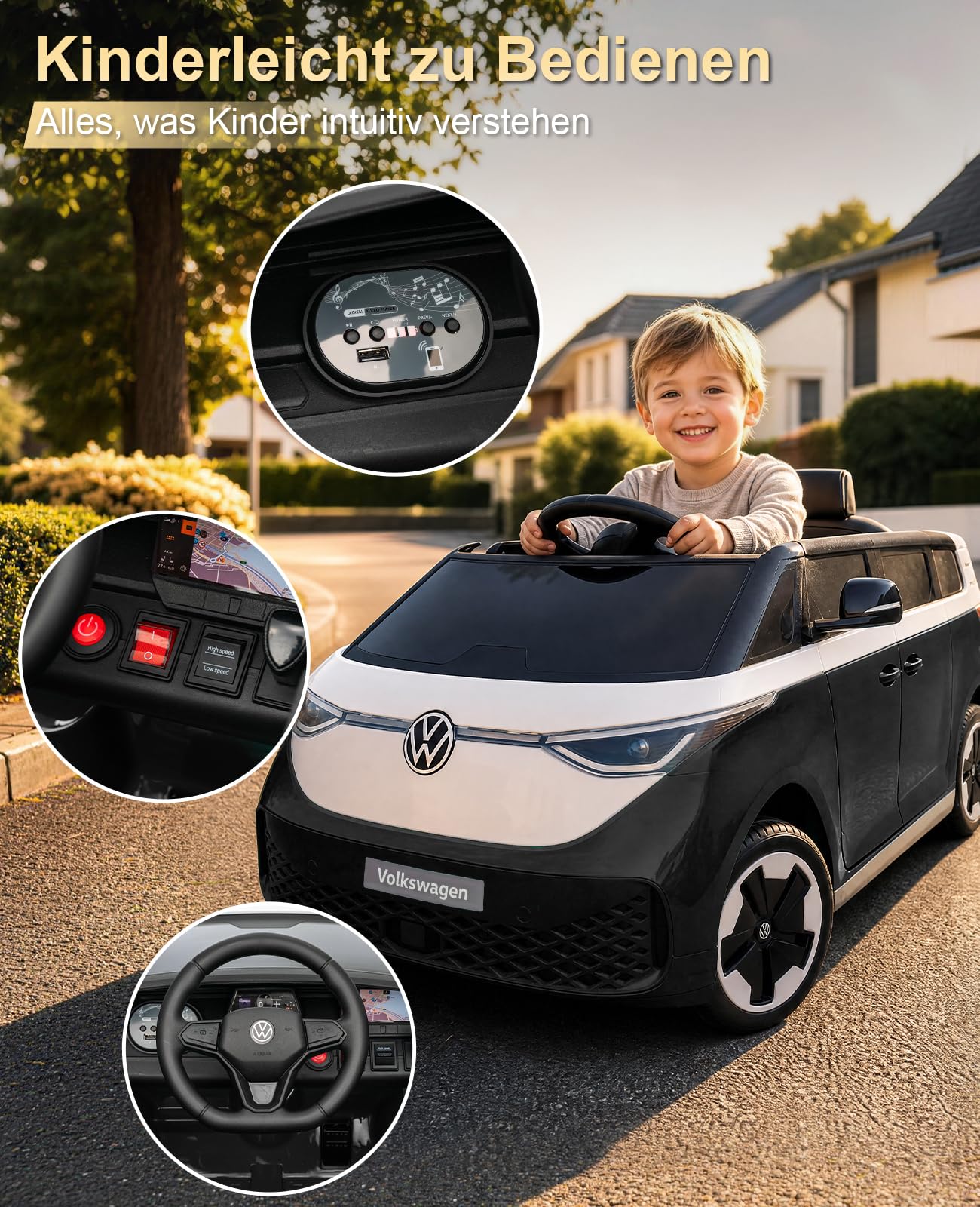 KerryYoo SW2 12V 7Ah Kinder Elektroauto, Offiziell Lizenziertes VW Kinderfahrzeug mit Fernbedienung, Soft Start und Stauraum im Heck, für Kinder ab 3 Jahren - Schwarz