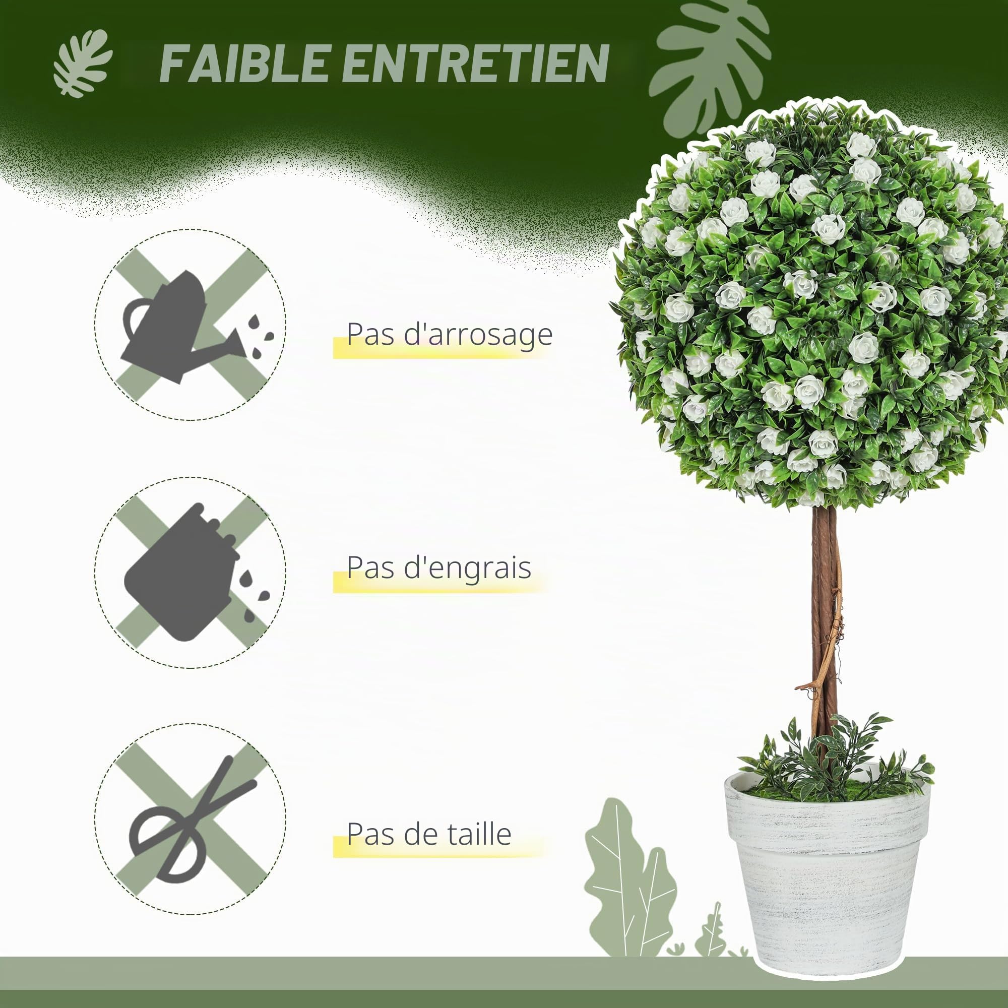 HOMCOM Lot de 2 Plantes artificielles Topiaire Boule 60cm Blanc | Fleur de rose en pot, fausses plantes, déco intérieur/extérieur