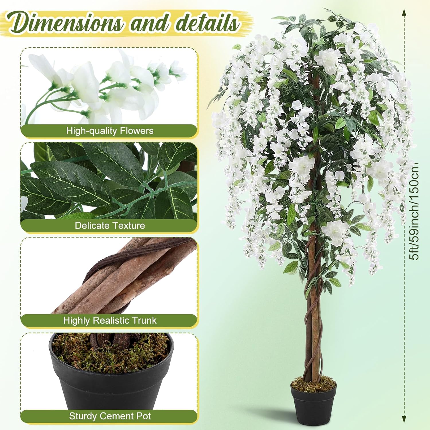 Thiccywoov 1 Pack 5ft Artificial Wisteria Tree Tall Fake Tree with Cement Base Pot Faux Floor Plant Decoration for Indoor Outdoor Home Office Housewarming Gift(White)