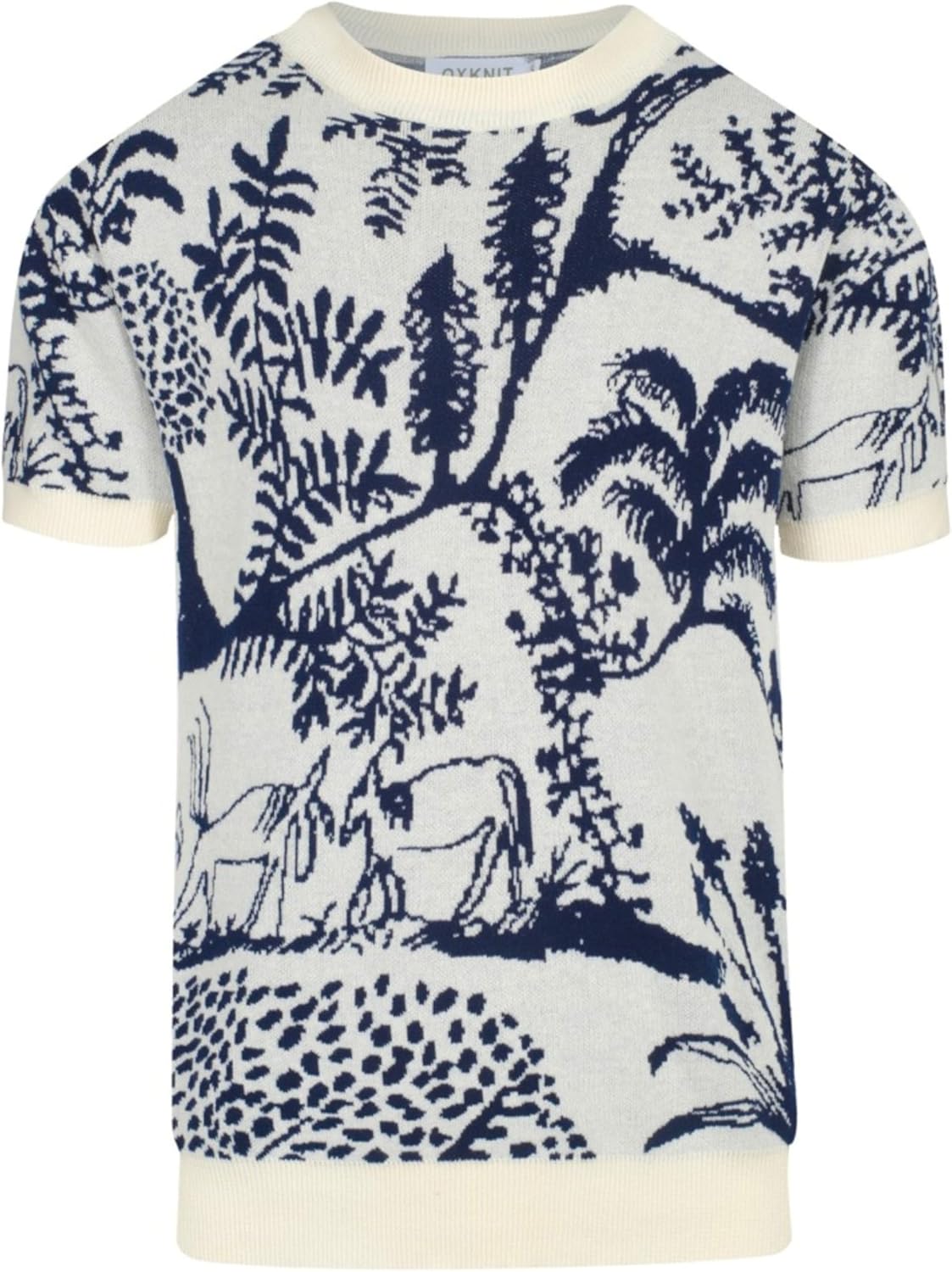 OXKNIT Men's Beige Knitted T-Shirt Short Sleeve, 1960s Mod Style Plant Pattern Crewneck Tops