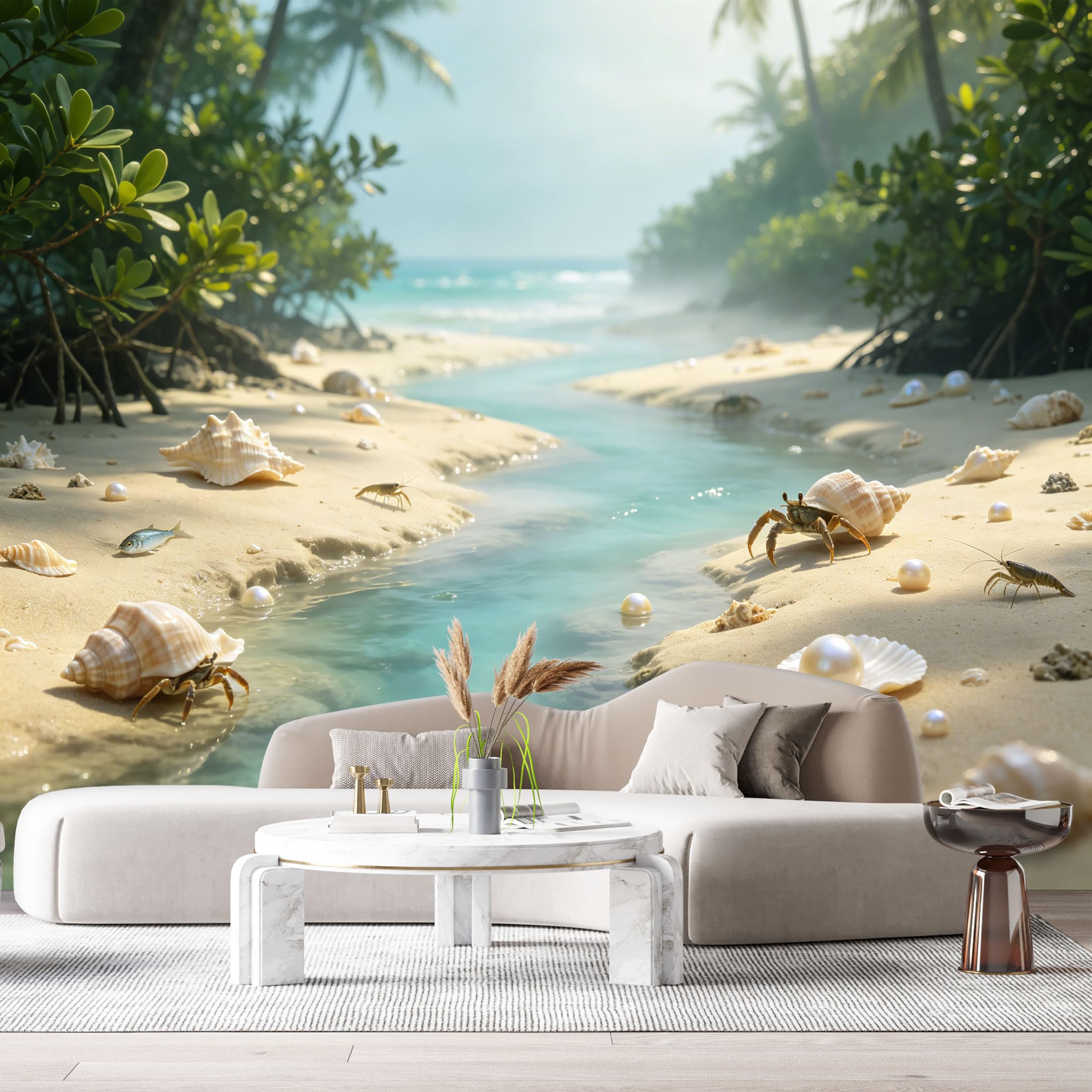 Custom Size Wall Murals Tropical Ocean Marine Coastal Theme Beach Hermit Crabs Pearls Seashells SelfAdhesiveWall Fabric Removable Wallpaper Wall Decor for Living Room Bedroom Bathroom