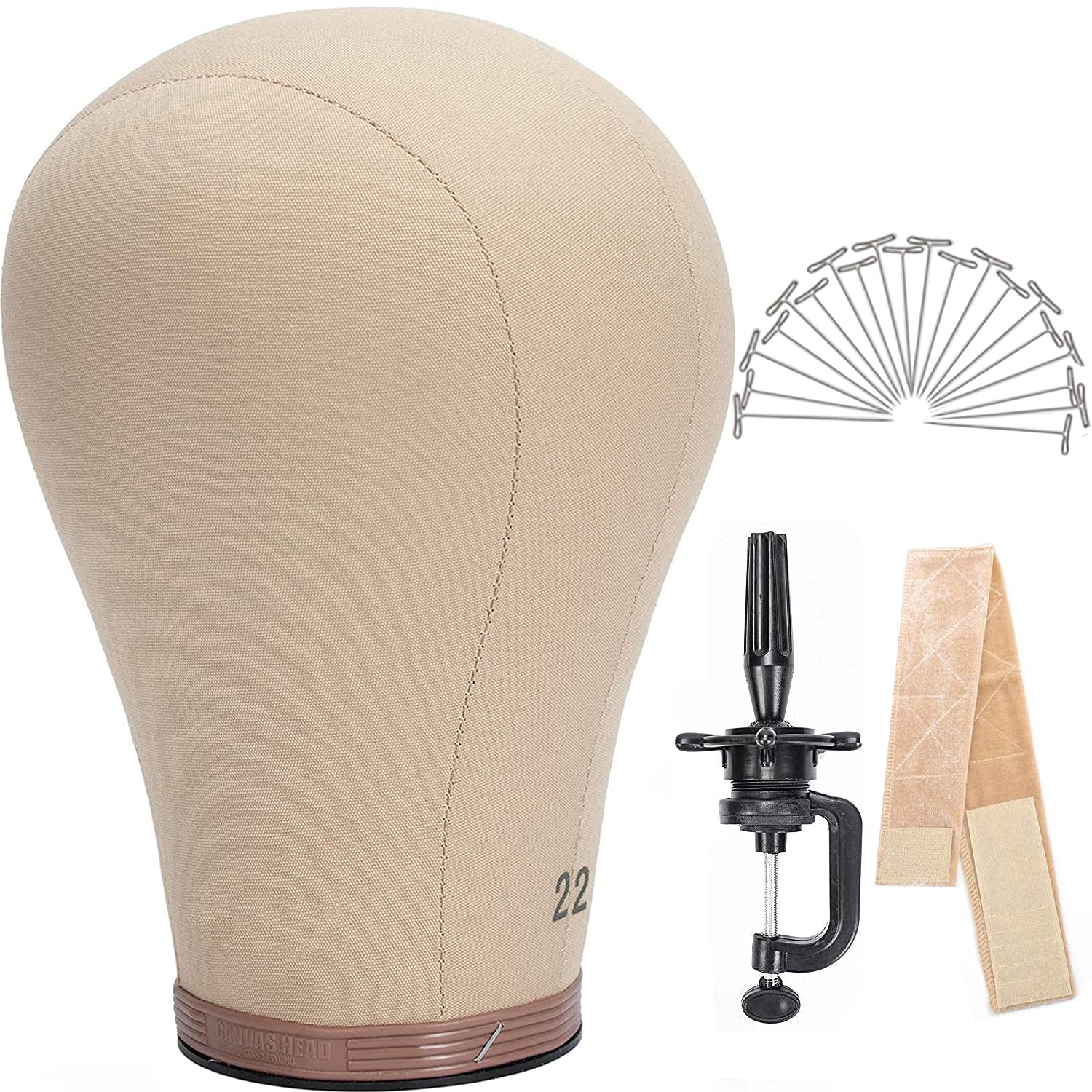 21"/22"/23"/24" Canvas Block Cork Head Mannequin Head Manikin Dome Wig Head For Headphone/Hat/Headband/Wig Display Making Drying Styling With Mount Hole (Wig Clamp, T-pins, Wig Grip as Gift) 22 inch